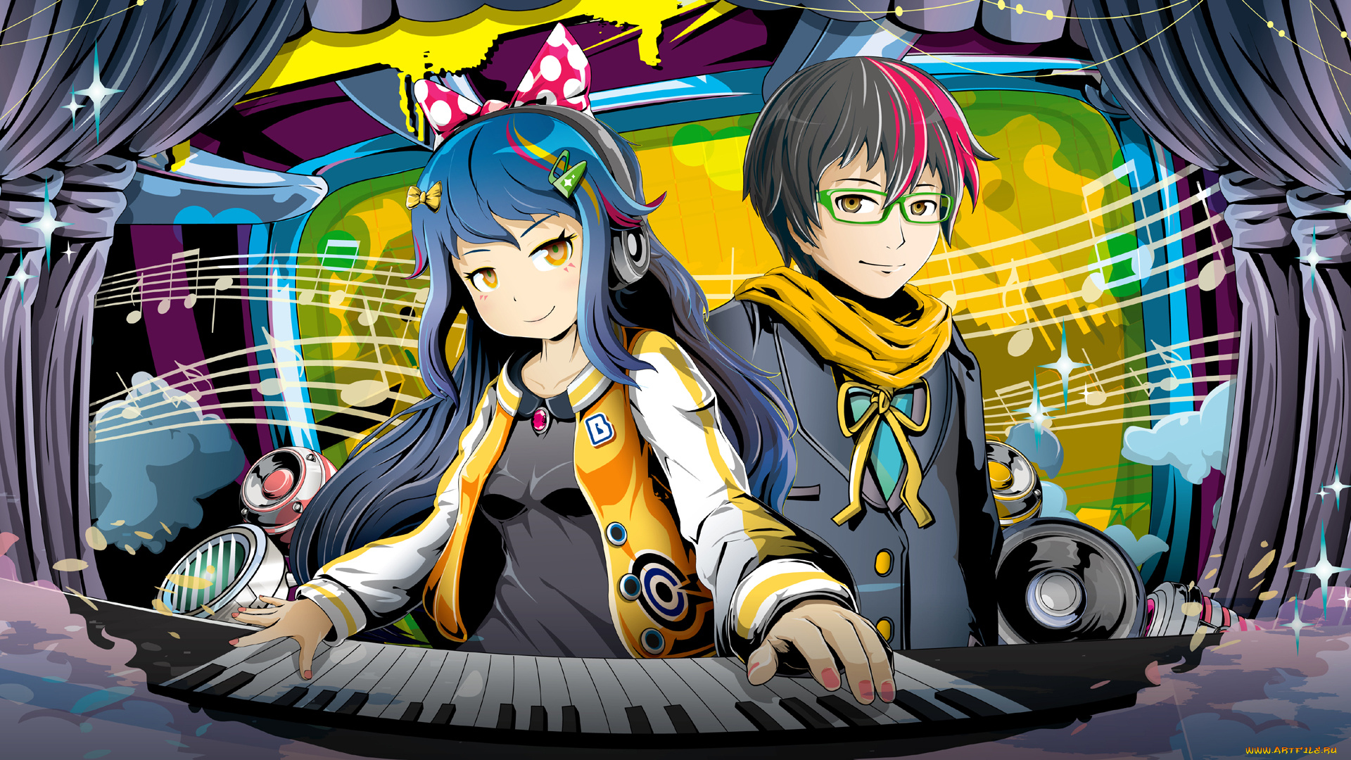 аниме, музыка, девушка, взгляд, фон