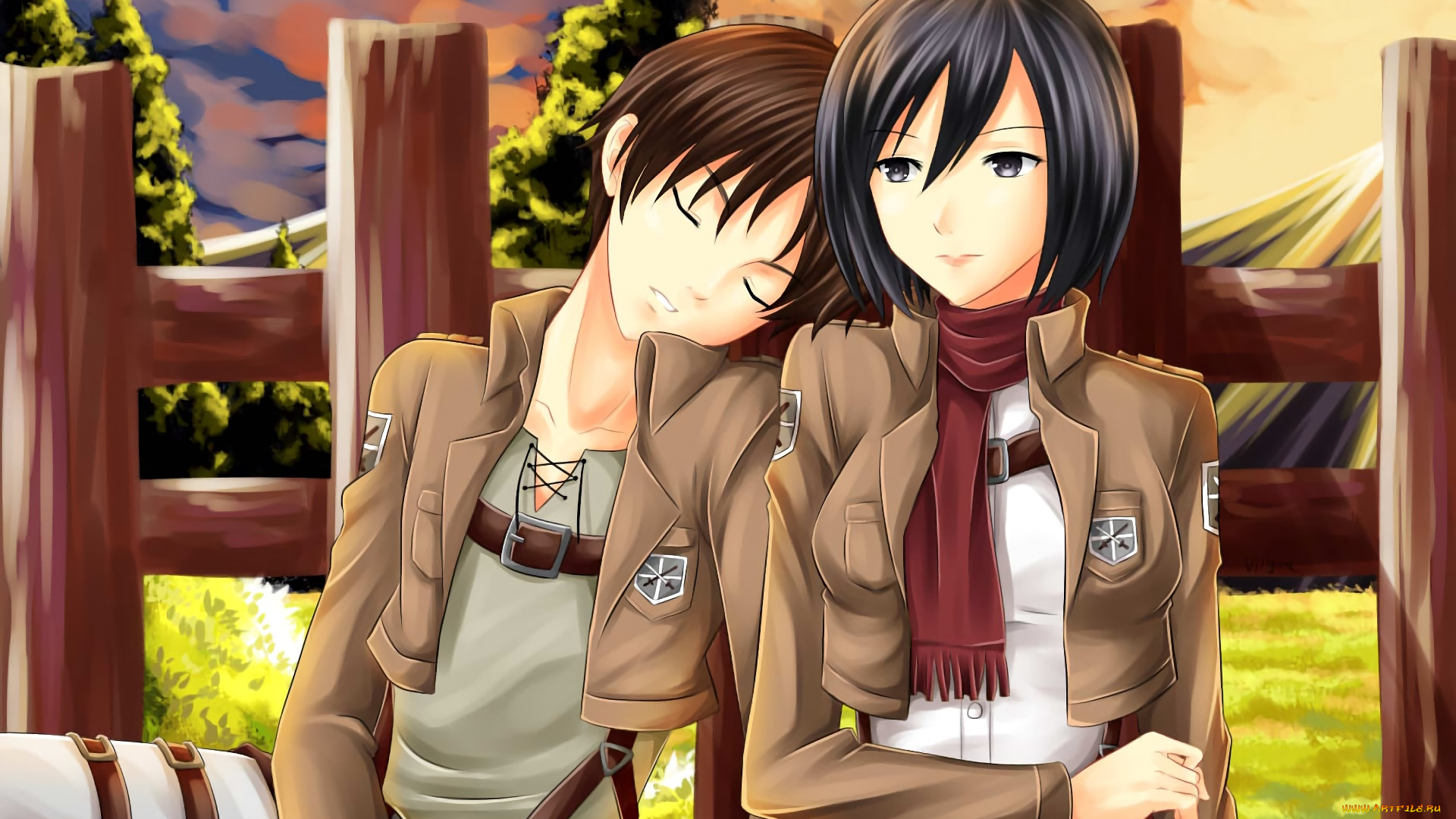 аниме, shingeki, no, kyojin, фон, взгляд, девушки