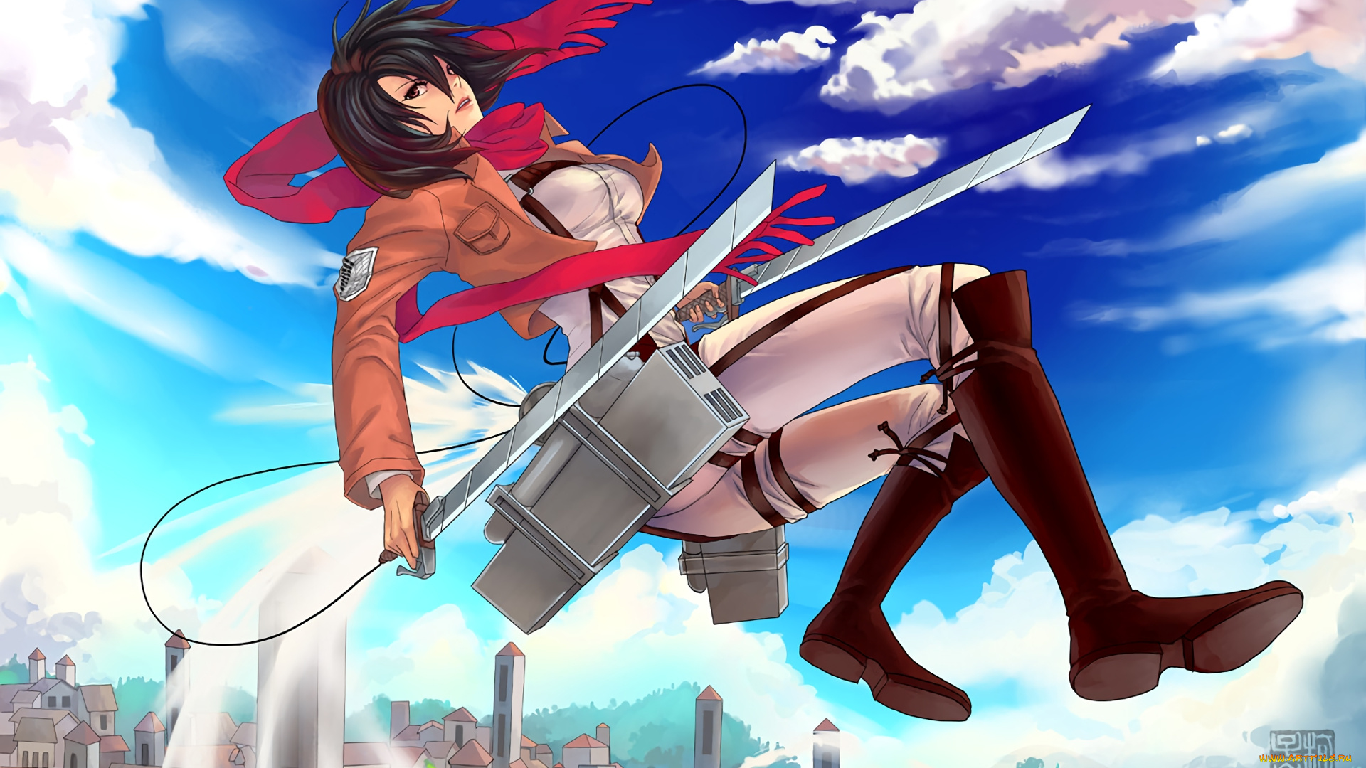 аниме, shingeki, no, kyojin, фон, взгляд, девушка