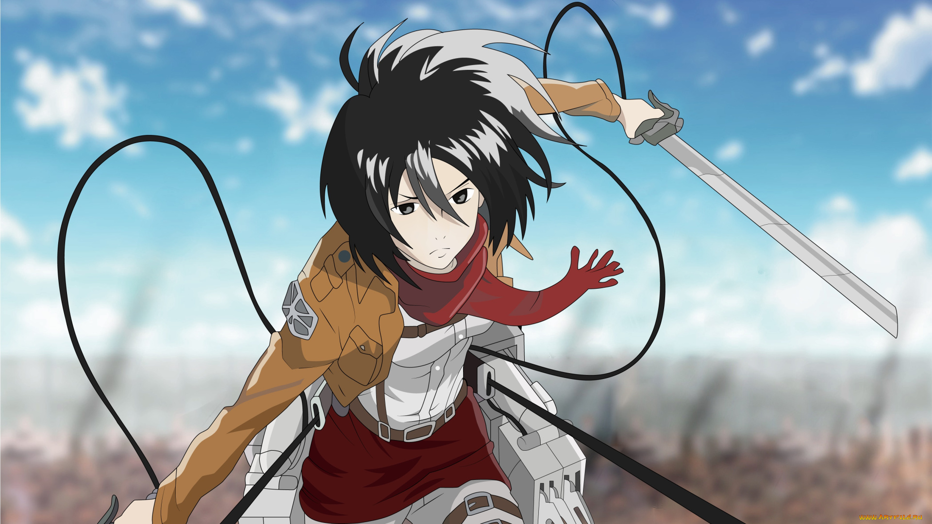 аниме, shingeki, no, kyojin, фон, взгляд, девушка