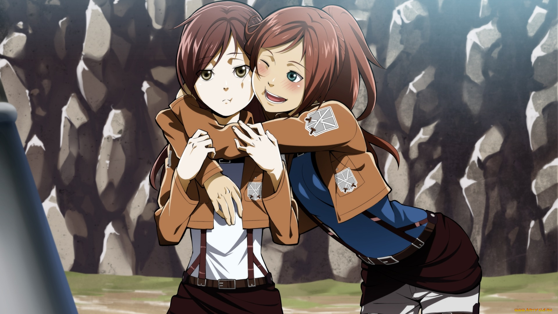 аниме, shingeki, no, kyojin, взгляд, девушки, фон