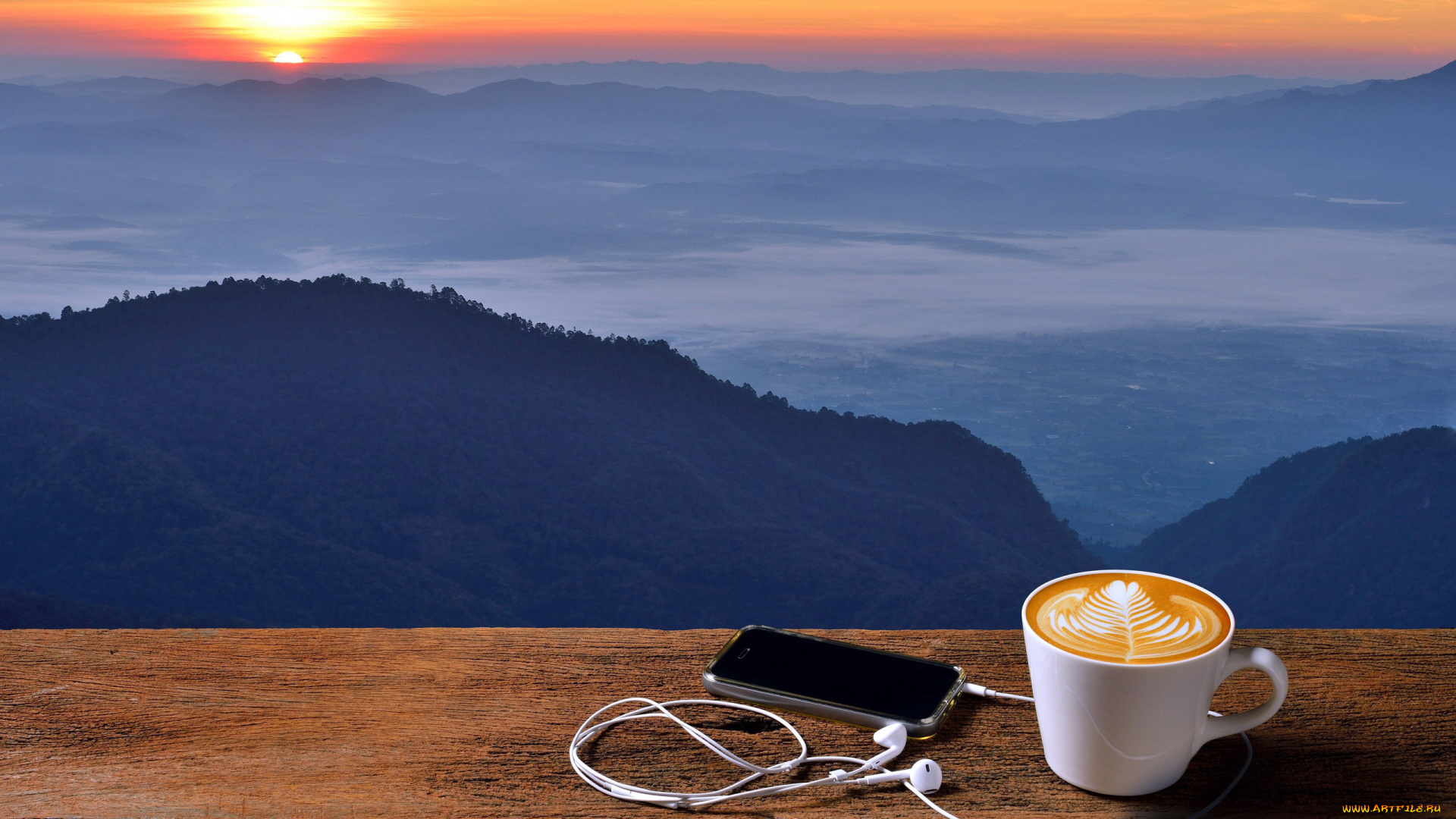 еда, кофе, , кофейные, зёрна, пейзаж, телефон, закат