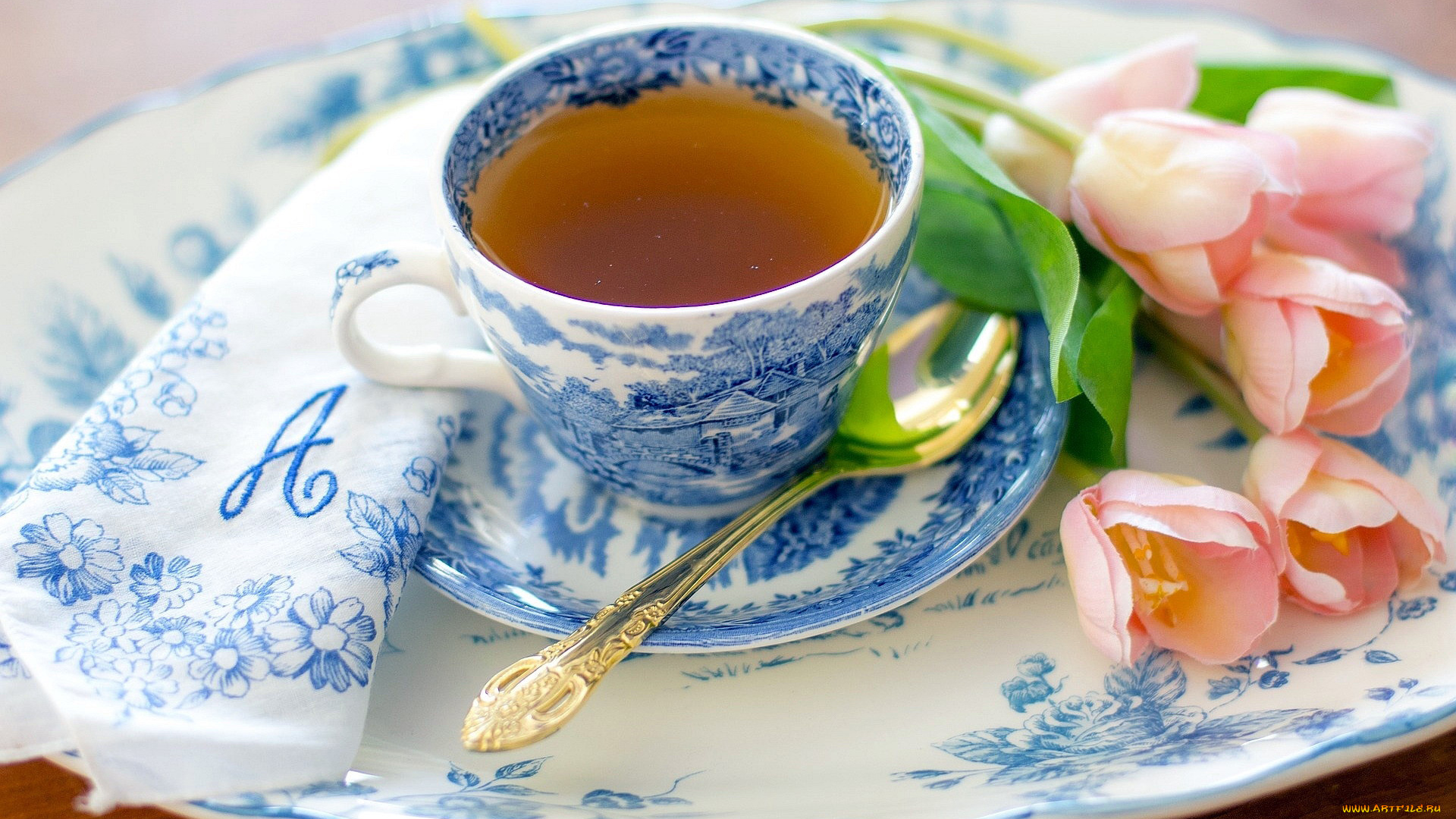 еда, напитки, , Чай, чай, тюльпаны, монограмма, салфекта