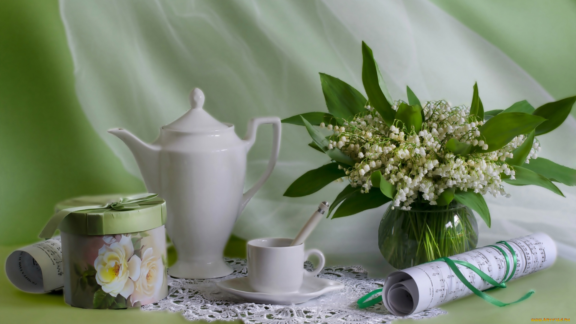 еда, натюрморт, чай, ноты, ландыши