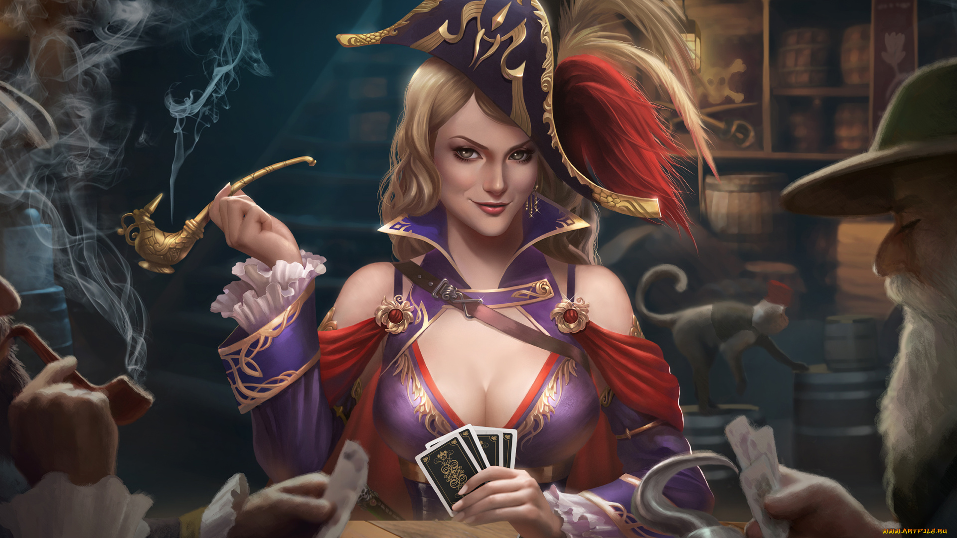 фэнтези, девушки, карты, игра, трубка, смог, пират, девушка, стол, дым