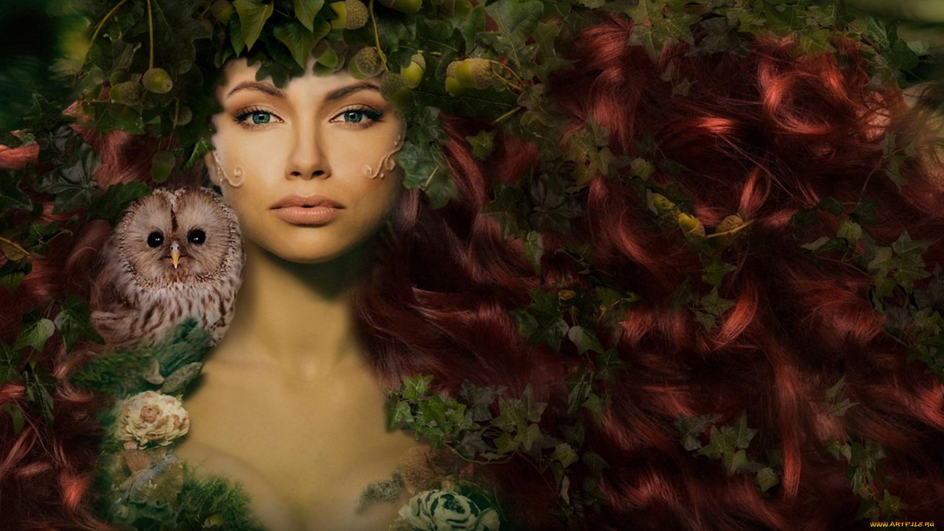 фэнтези, фотоарт, фея, плющ, волосы, девушка, сова