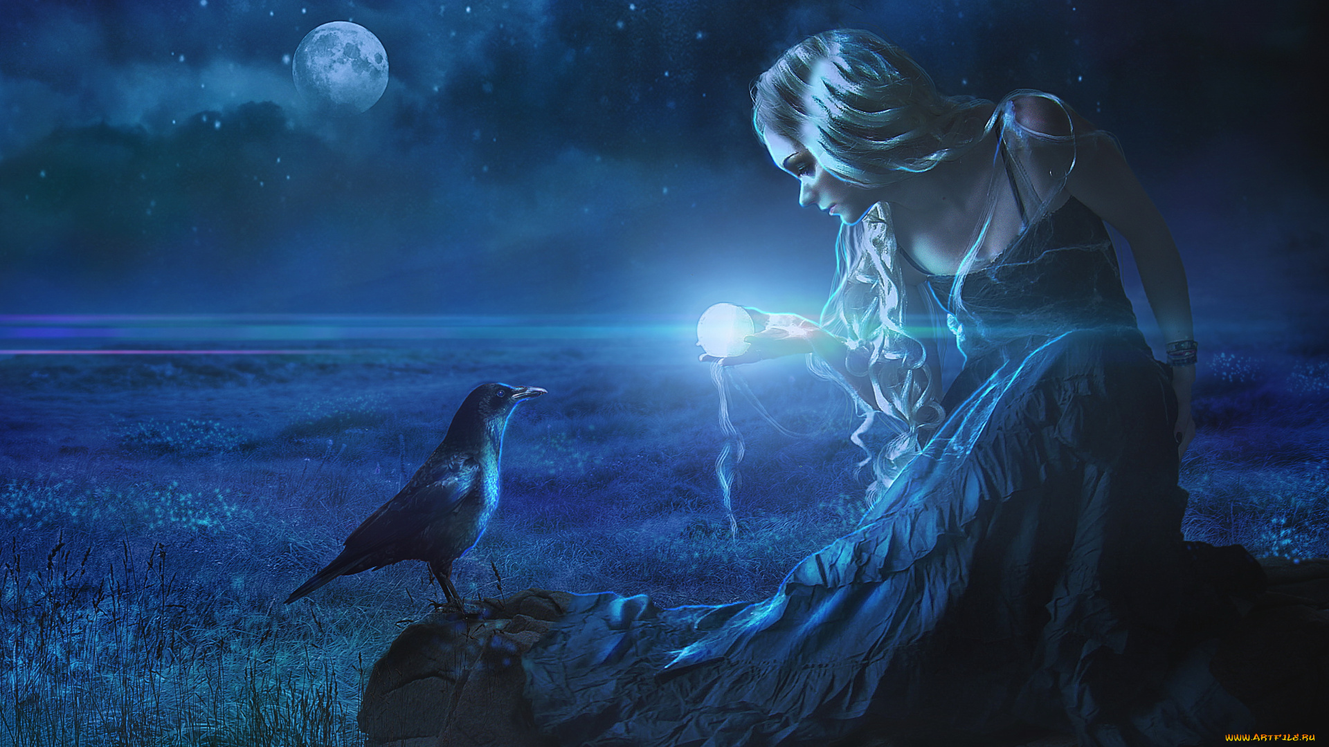фэнтези, фотоарт, ворон, фон, девушка, луна