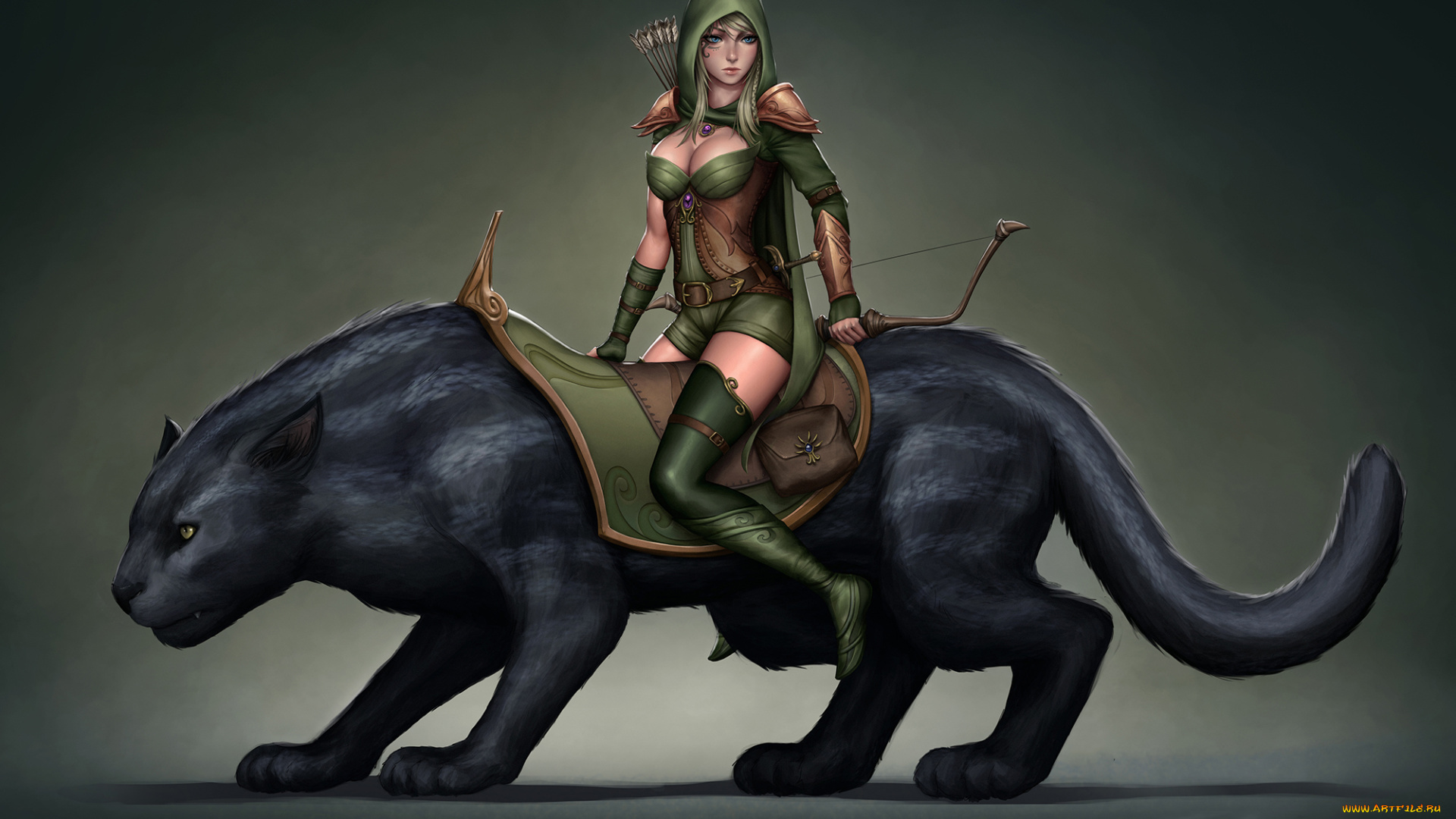 фэнтези, красавицы, и, чудовища, лук, пантера, девушка, униформа, взгляд, фон
