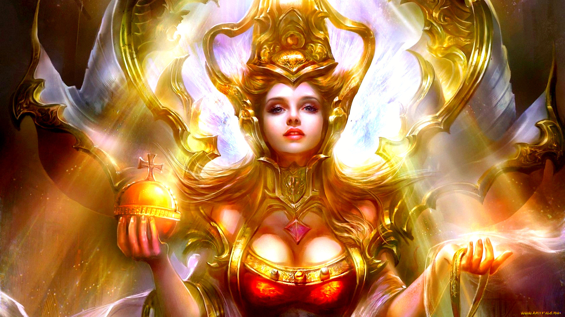 фэнтези, маги, , волшебники, лицо, трон, магия, девушка, царица, колдовство, свет, золото