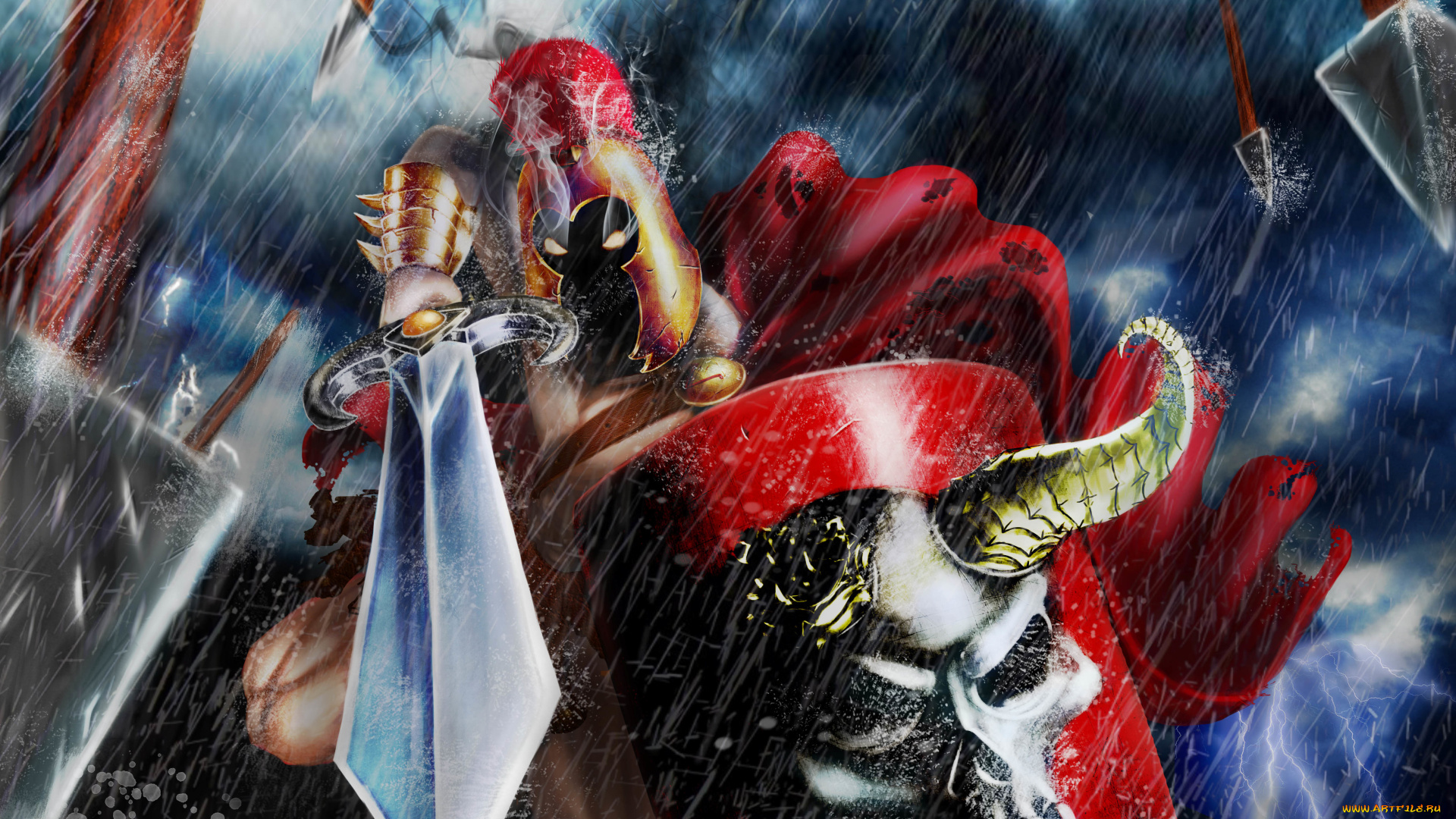 фэнтези, нежить, дождь, череп, меч, доспехи, воин, горящие, глаза