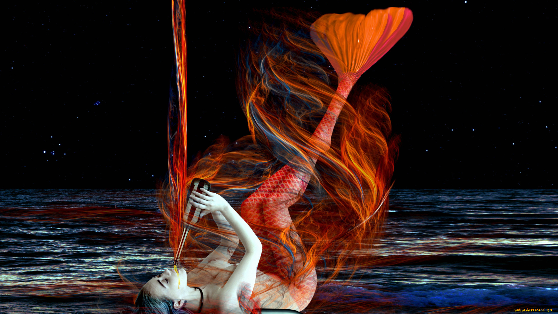 фэнтези, русалки, девушка, фон, хвост, бутылка