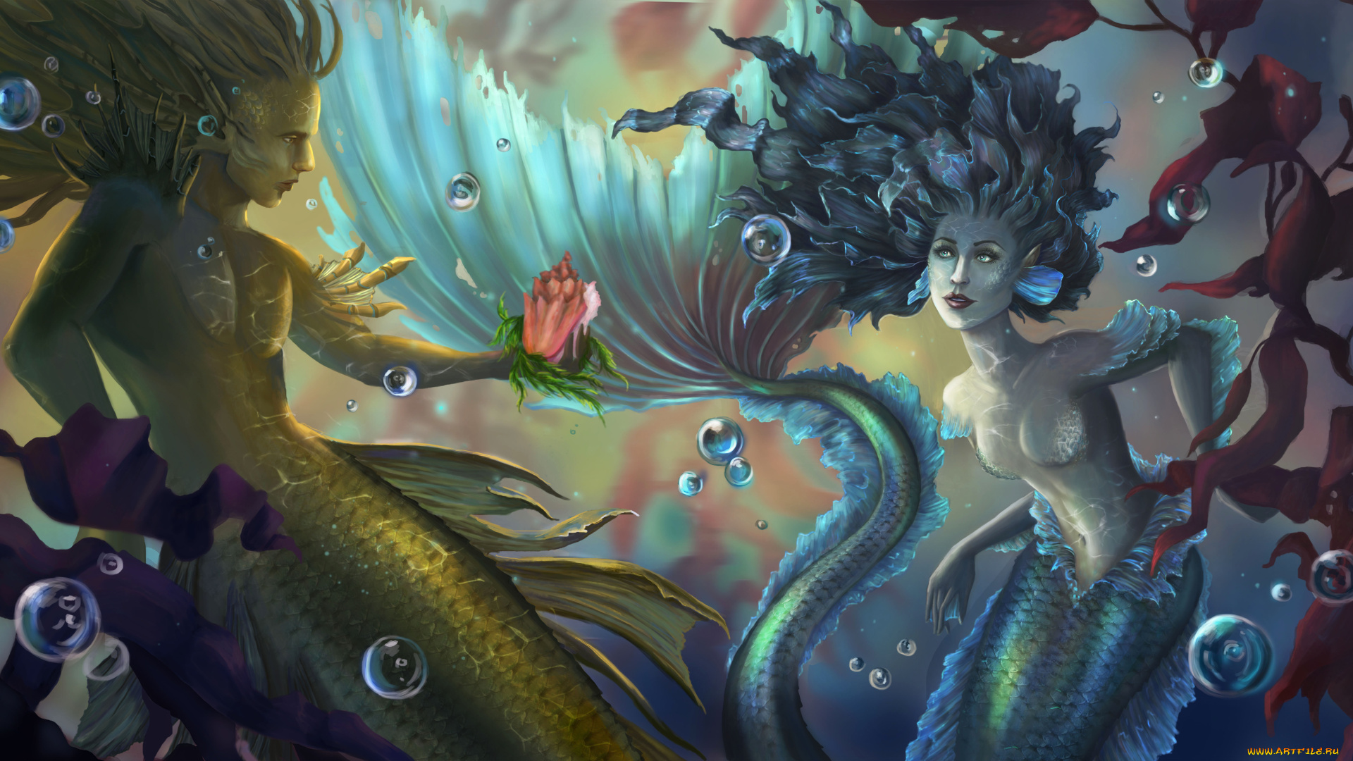 фэнтези, русалки, фон, мужчина, девушка, хвост