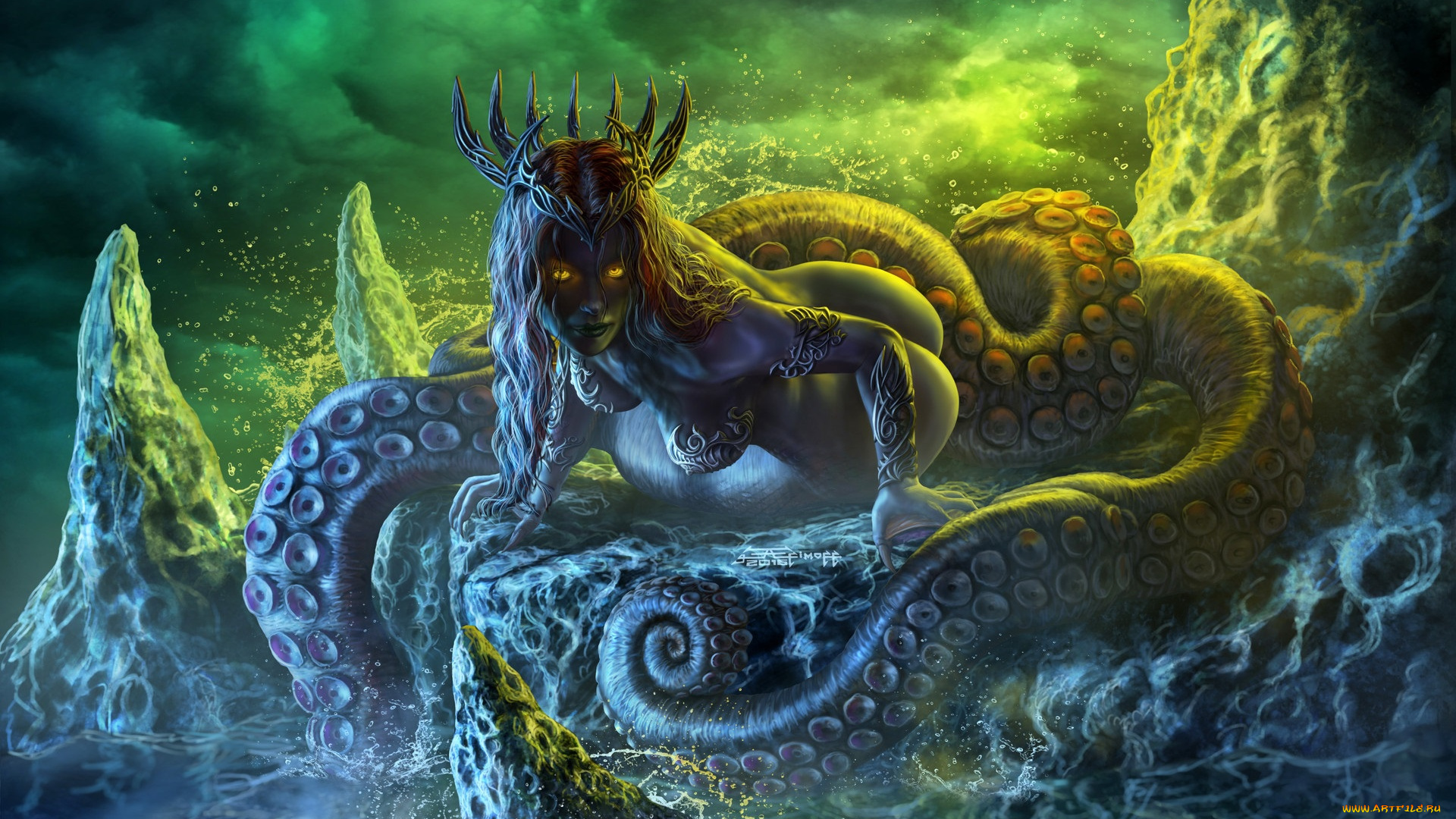 фэнтези, существа, девушка, фентези, корона, арт, щупальца, fantasy, спрут