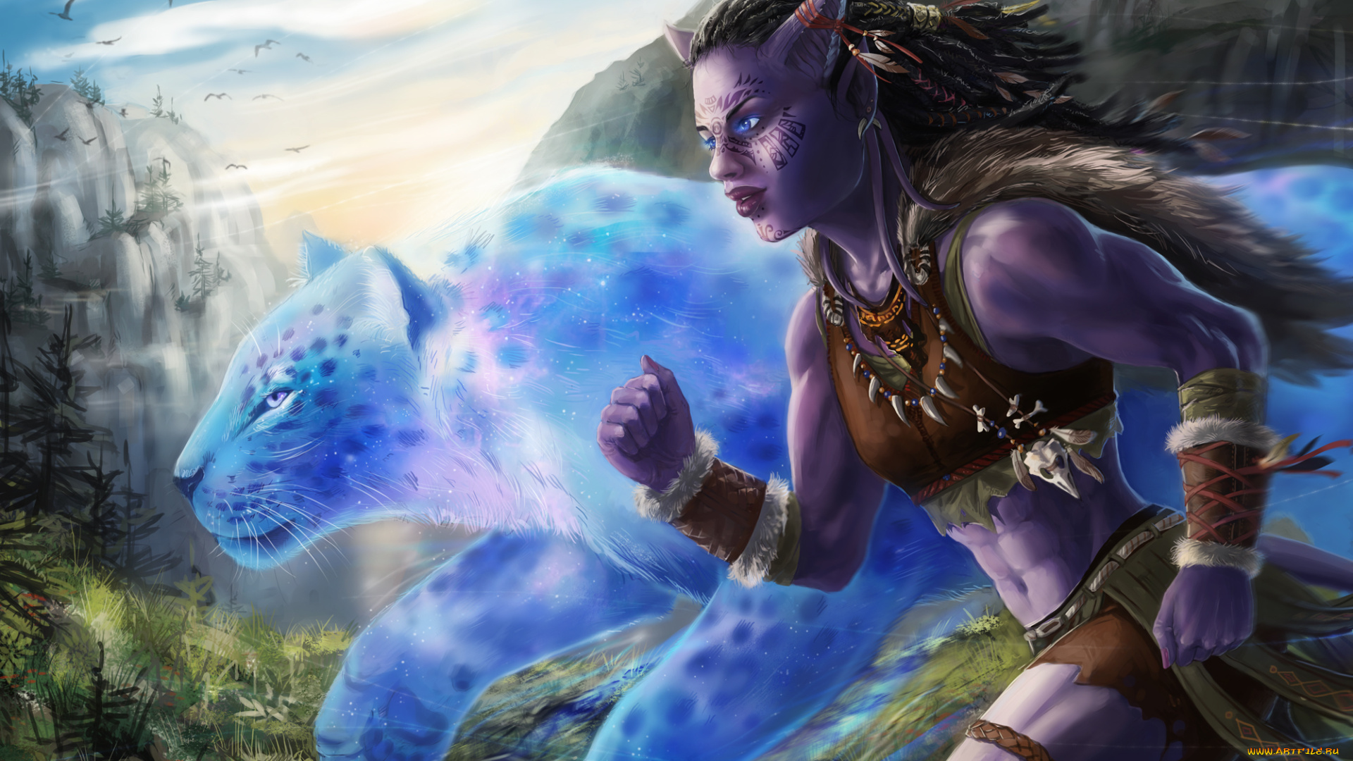 фэнтези, существа, горы, животное, девушка, бежит