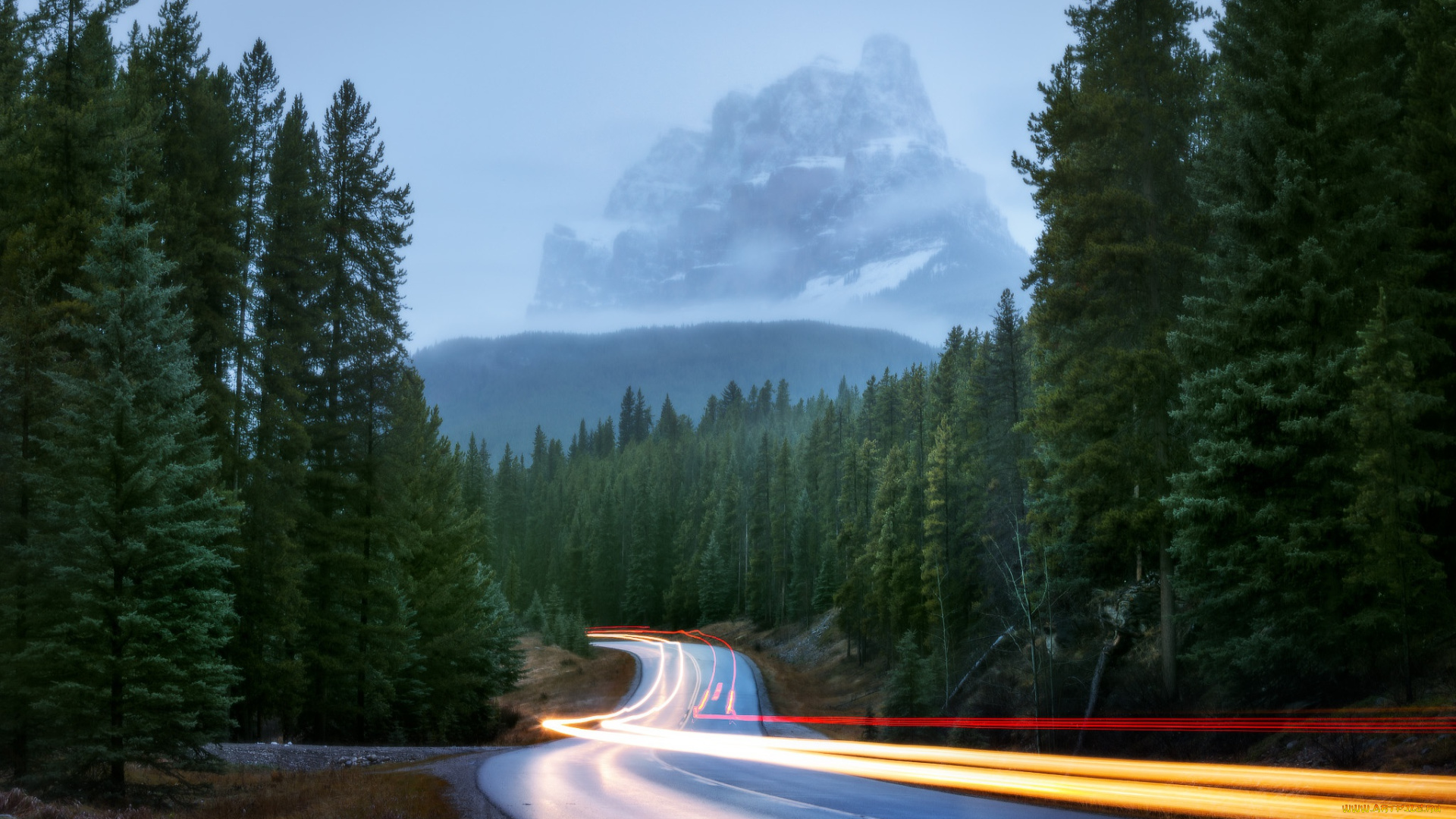 природа, дороги, огни, горы, выдержка, туман, свет, лес, дорога