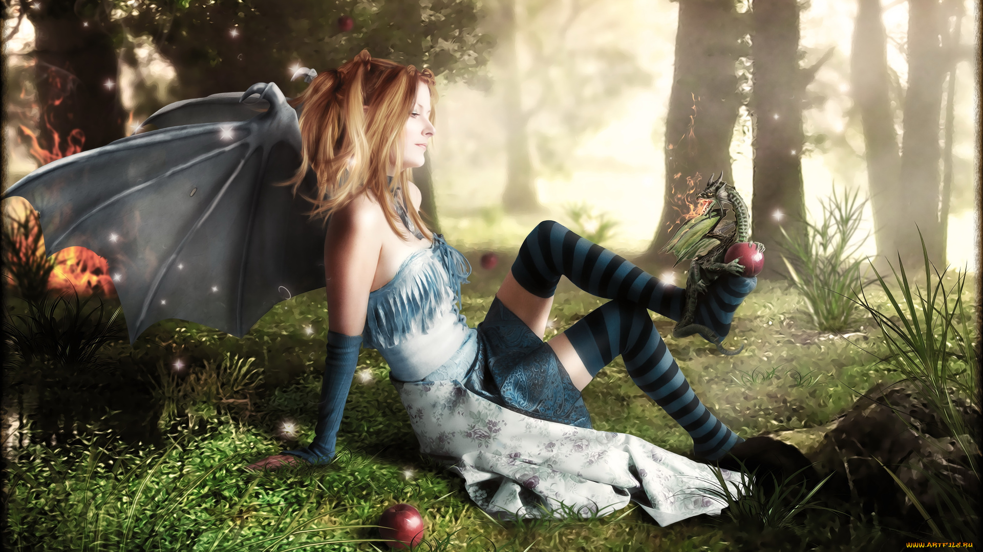 разное, компьютерный, дизайн, девушка, фон, крылья, дракончик