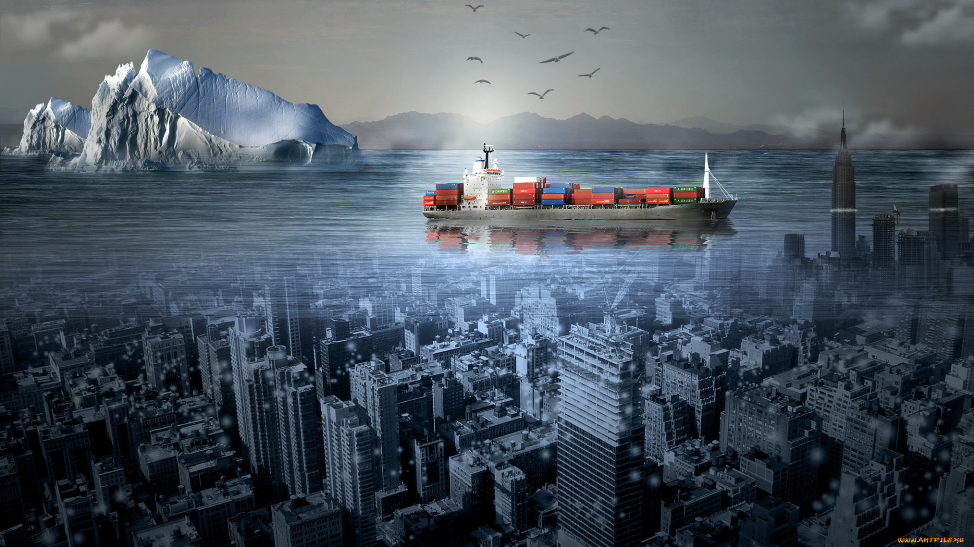 разное, компьютерный, дизайн, море, корабль, город
