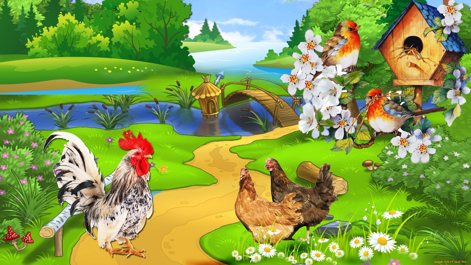 разное, компьютерный, дизайн, петух, куры