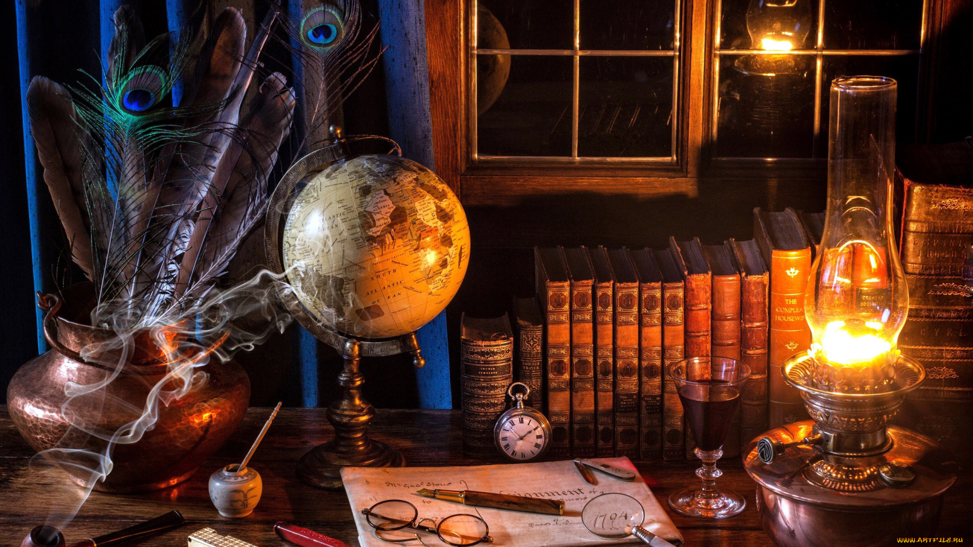 разное, ретро, , винтаж, книги, перья, трубка, лупа, лампа