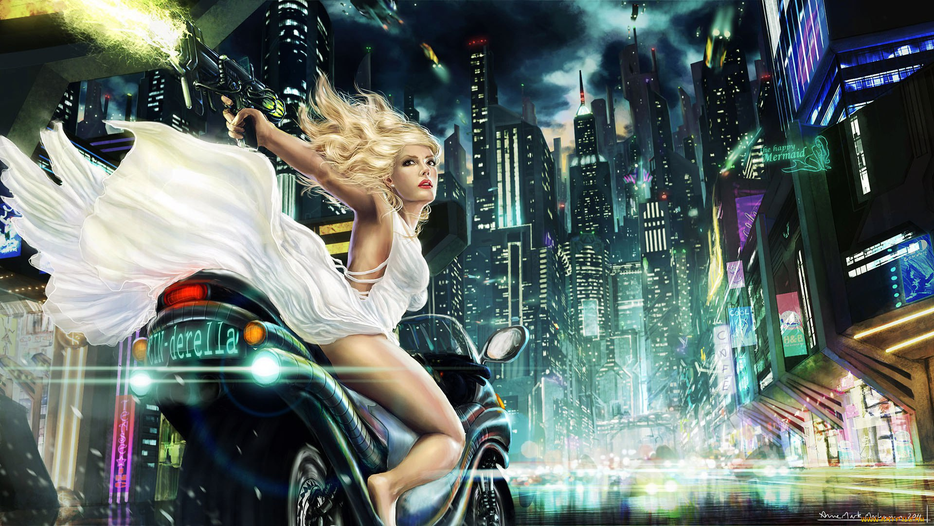 фэнтези, девушки, город, девушка, пистолет