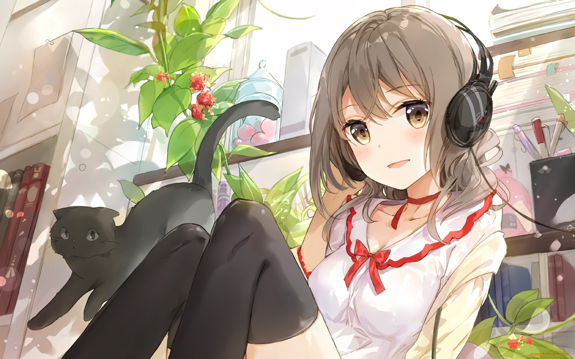 аниме, музыка, девушка, взгляд, фон