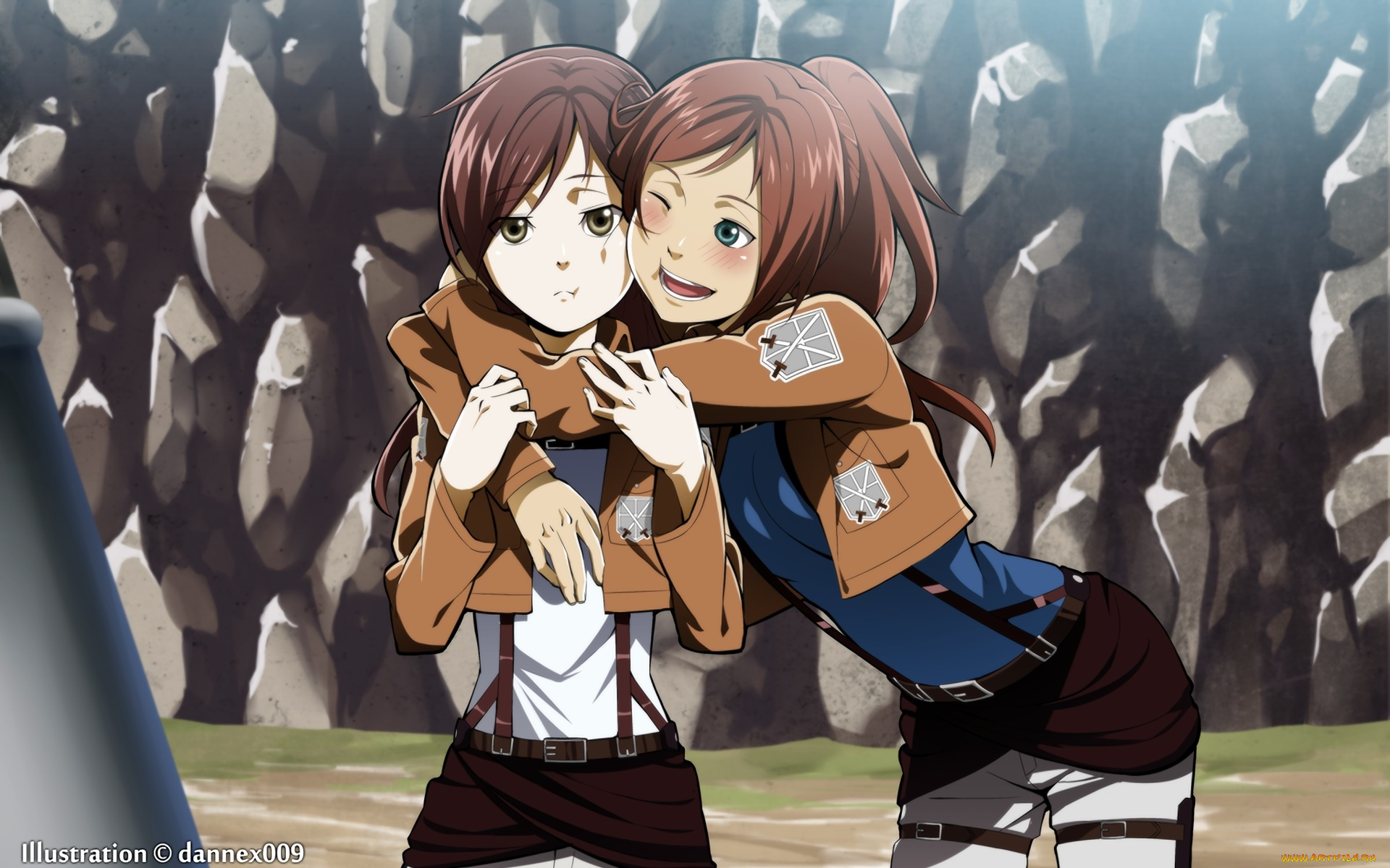 аниме, shingeki, no, kyojin, взгляд, девушки, фон