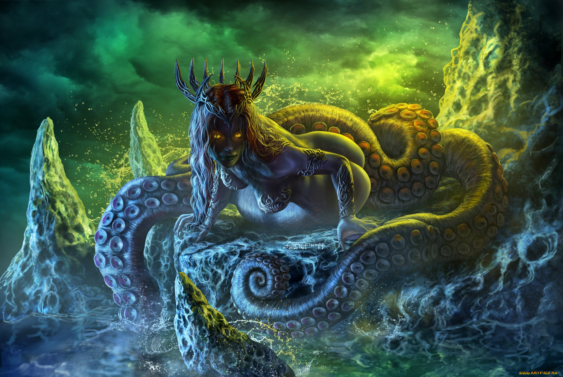 фэнтези, существа, девушка, фентези, корона, арт, щупальца, fantasy, спрут