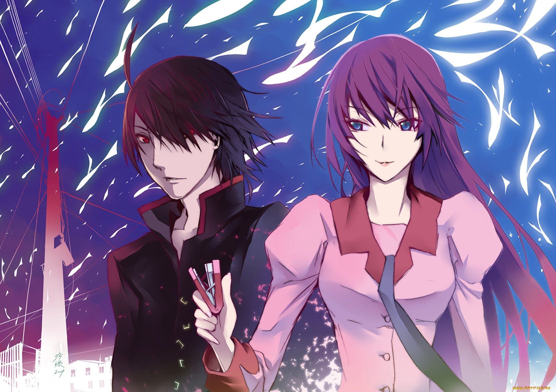 аниме, bakemonogatari, девушка, взгляд, фон