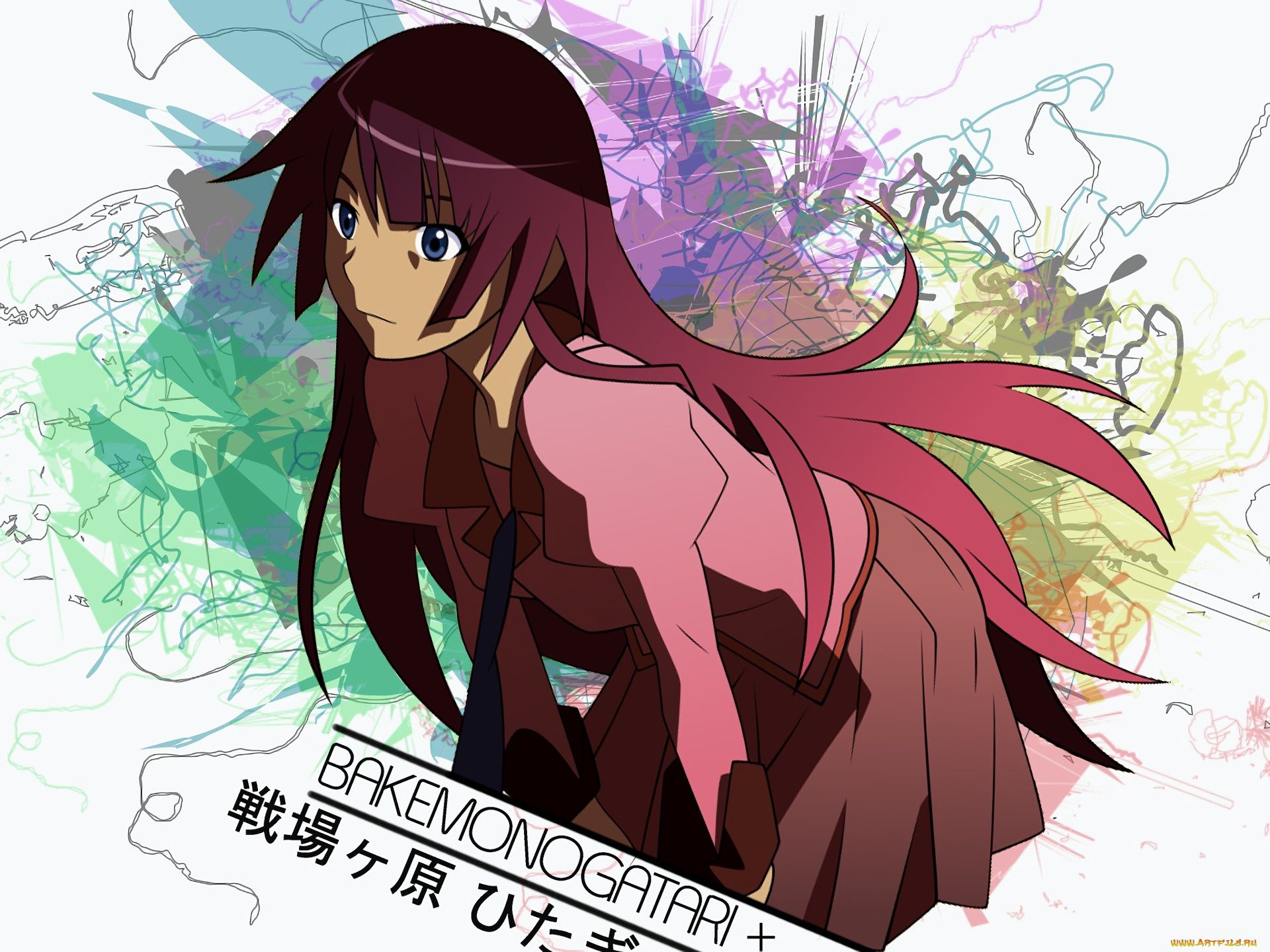 аниме, bakemonogatari, фон, взгляд, девушка