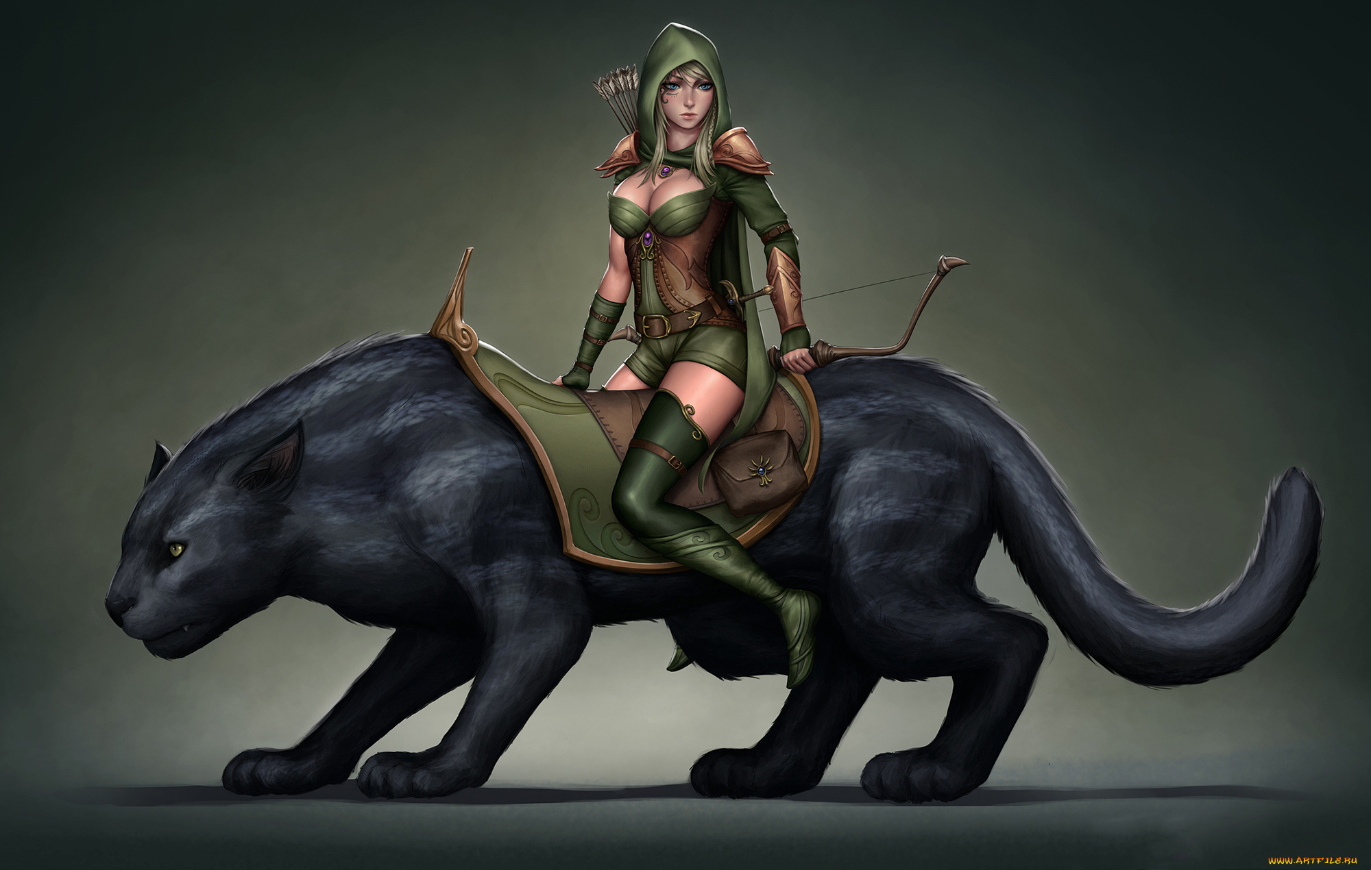 фэнтези, красавицы, и, чудовища, лук, пантера, девушка, униформа, взгляд, фон