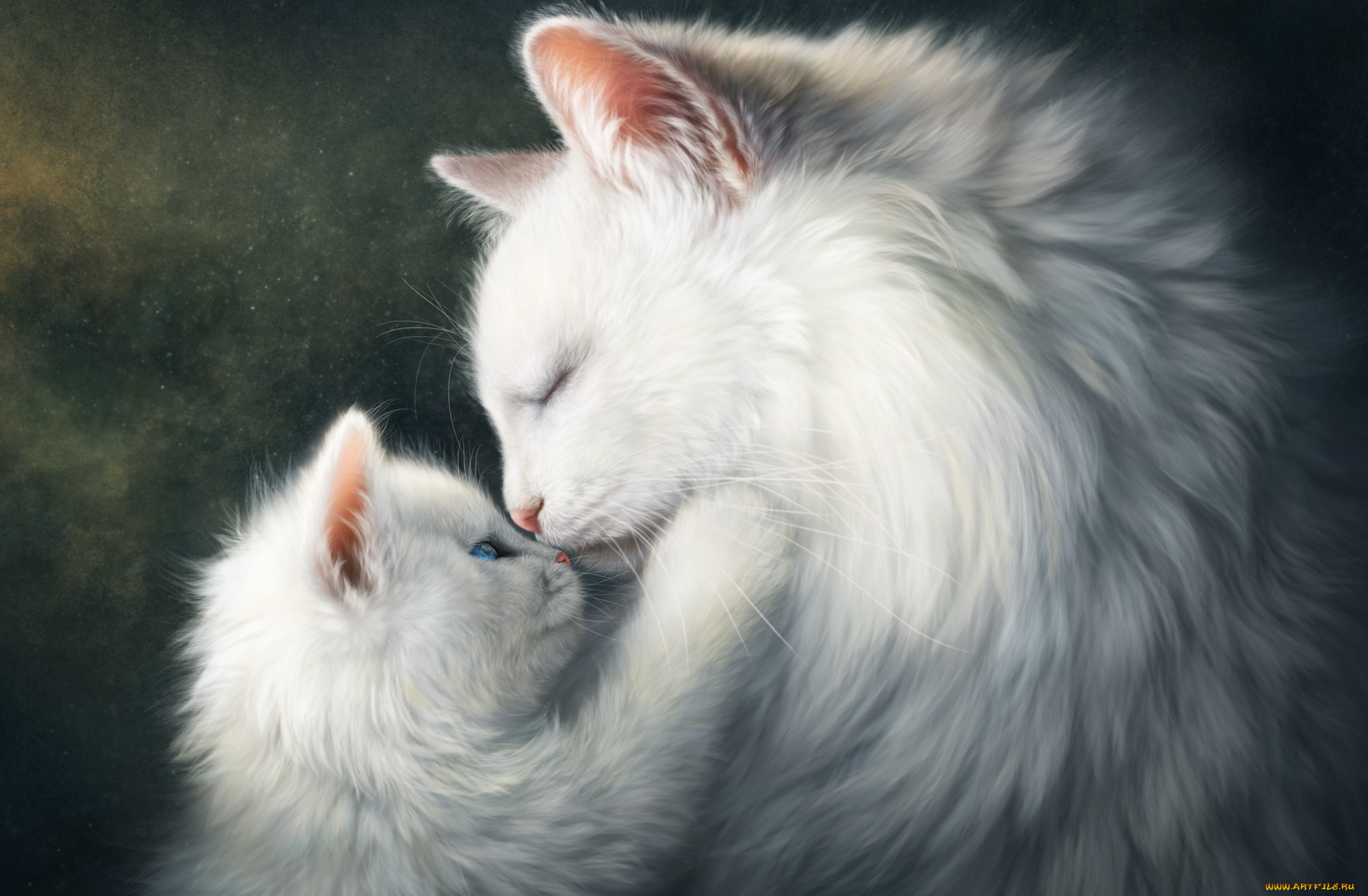 рисованное, животные, , коты, котенок, белый, кошка, малыш, мама, чувства, коты