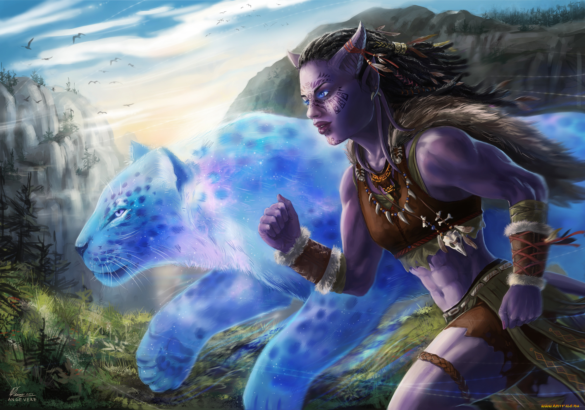 фэнтези, существа, горы, животное, девушка, бежит