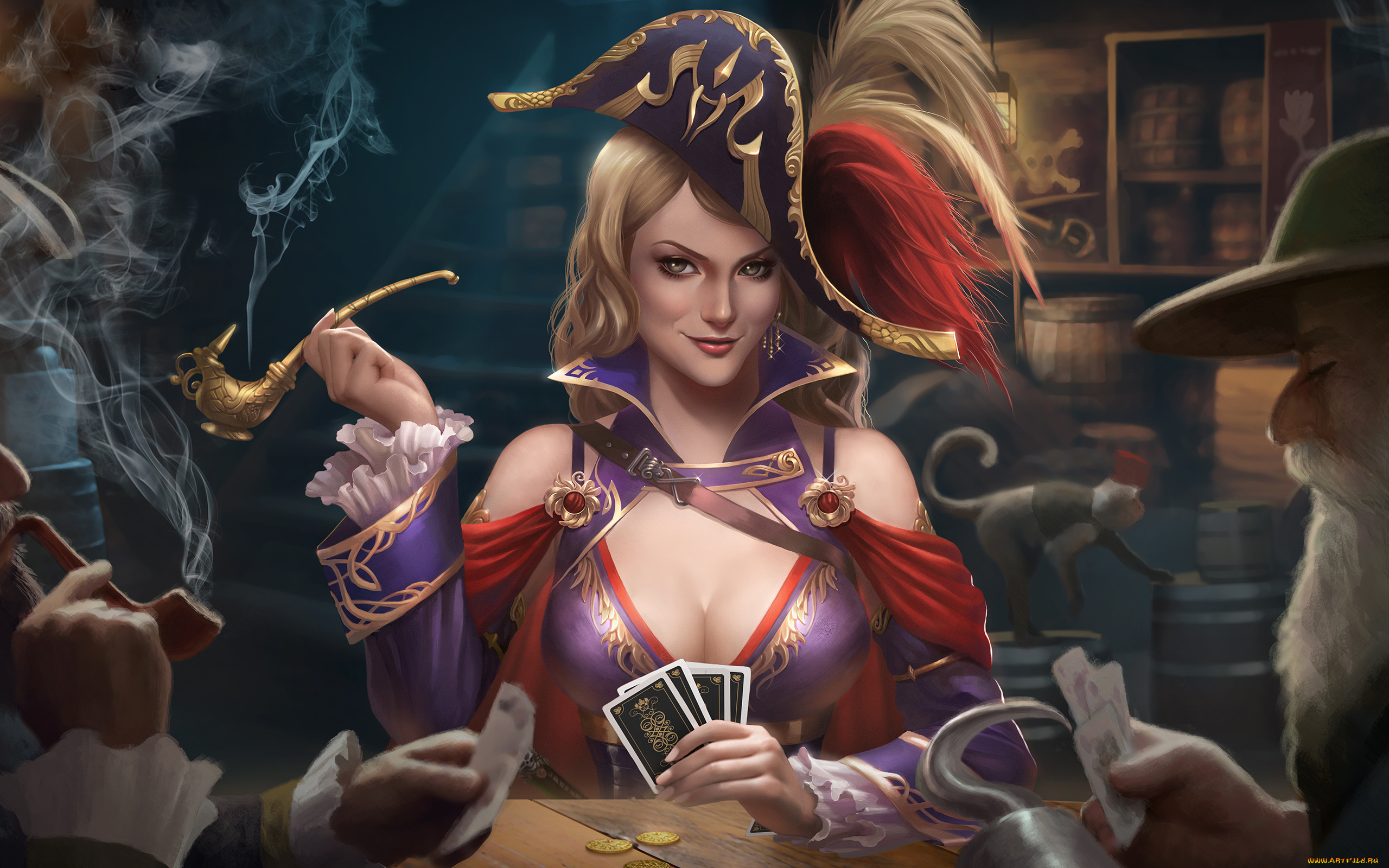 фэнтези, девушки, карты, игра, трубка, смог, пират, девушка, стол, дым