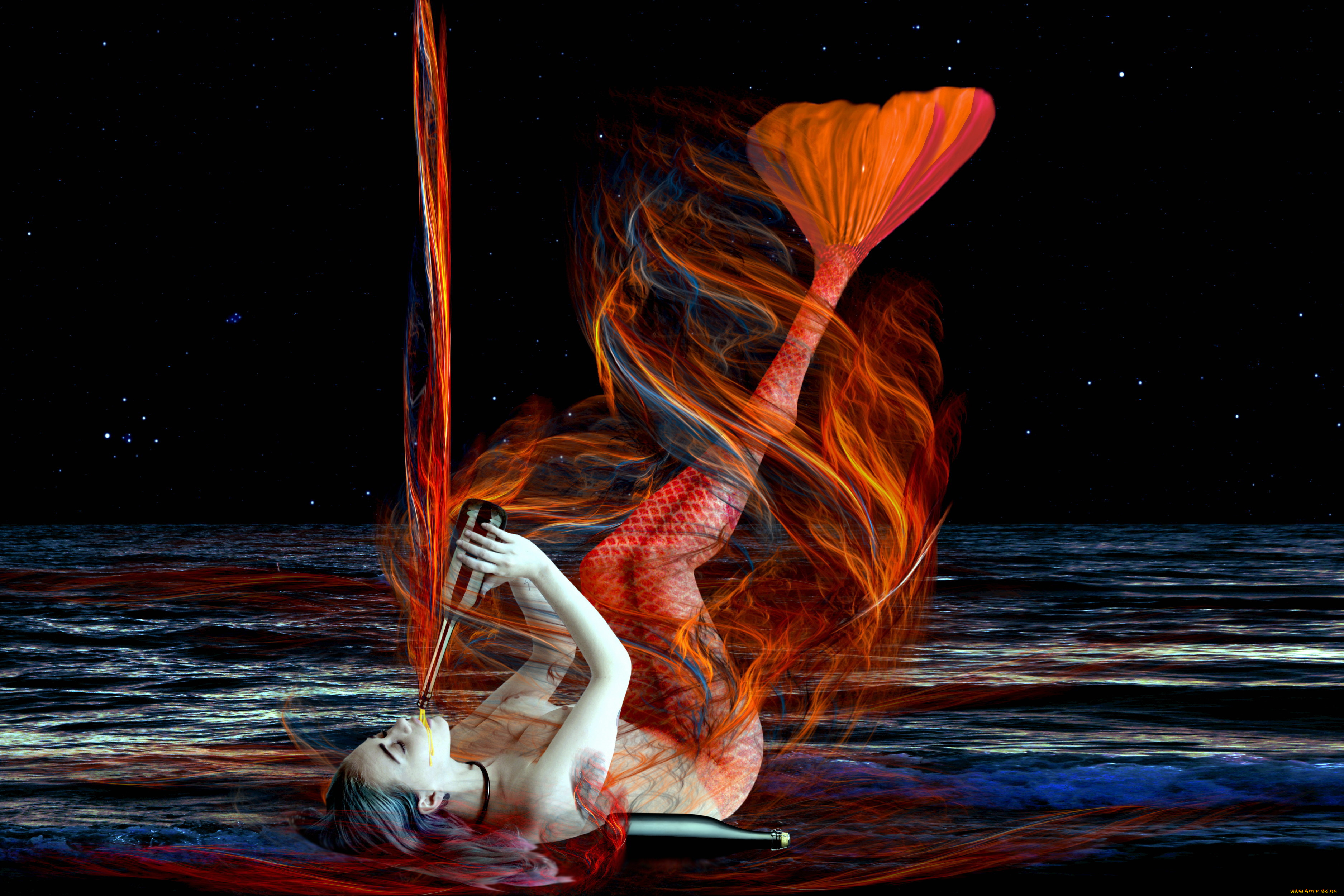 фэнтези, русалки, девушка, фон, хвост, бутылка