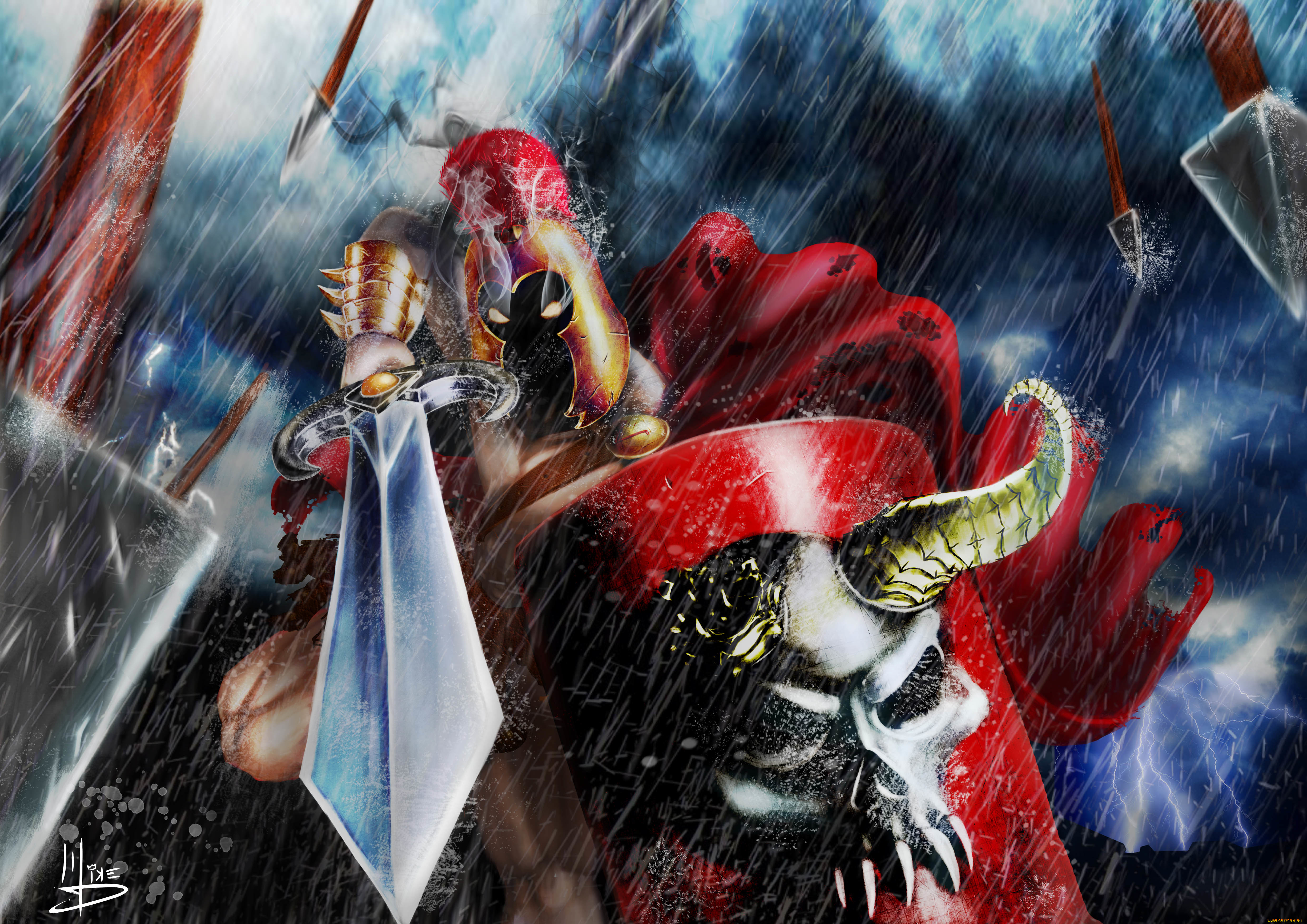 фэнтези, нежить, дождь, череп, меч, доспехи, воин, горящие, глаза