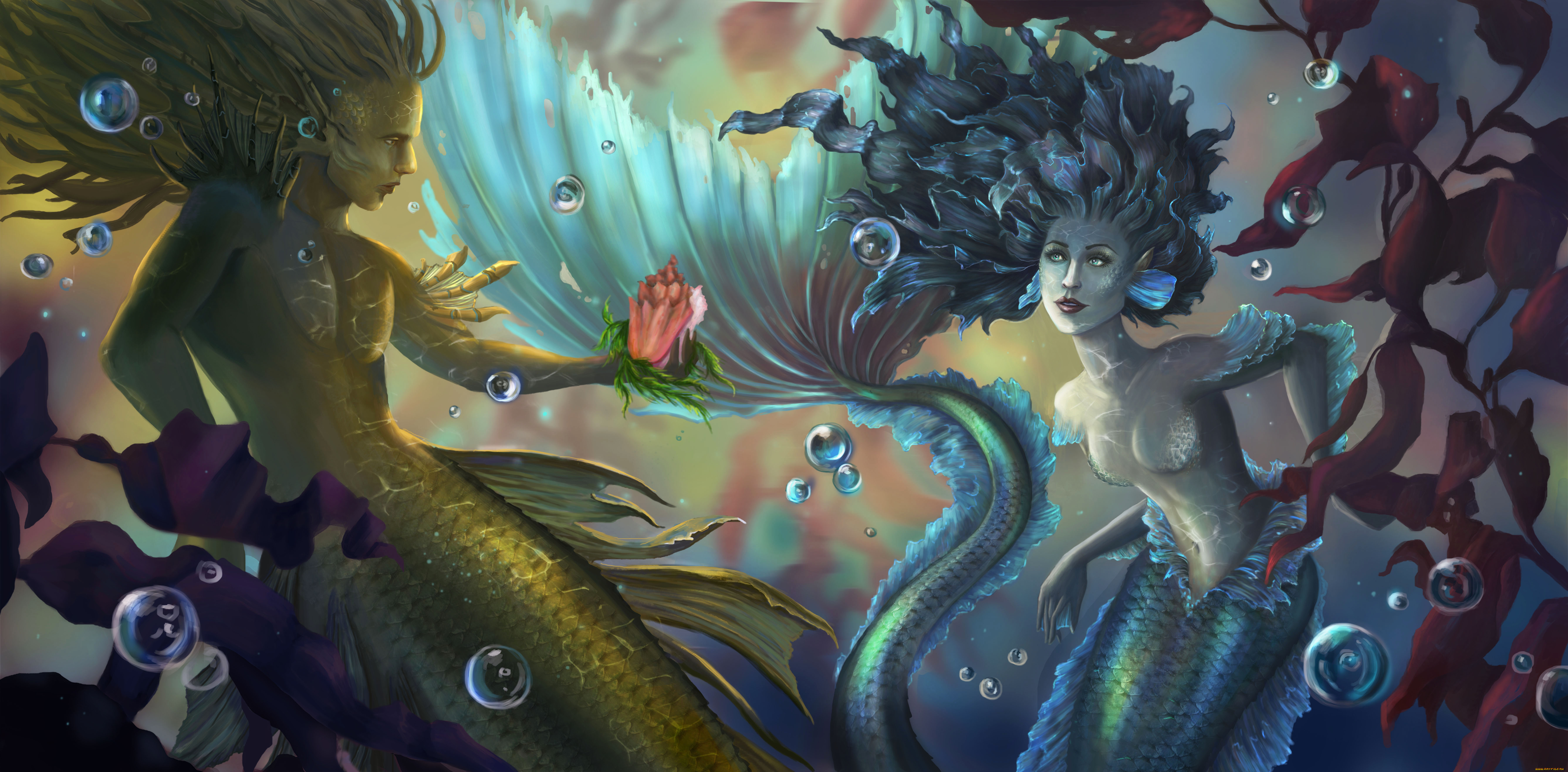 фэнтези, русалки, фон, мужчина, девушка, хвост