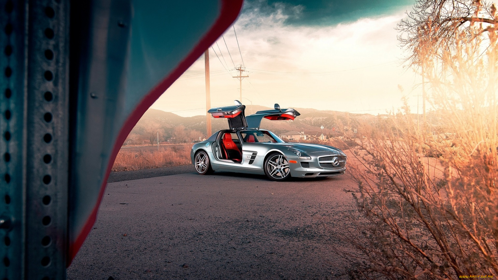 автомобили, mercedes-benz, кусты, горы, серебристый, мерседес