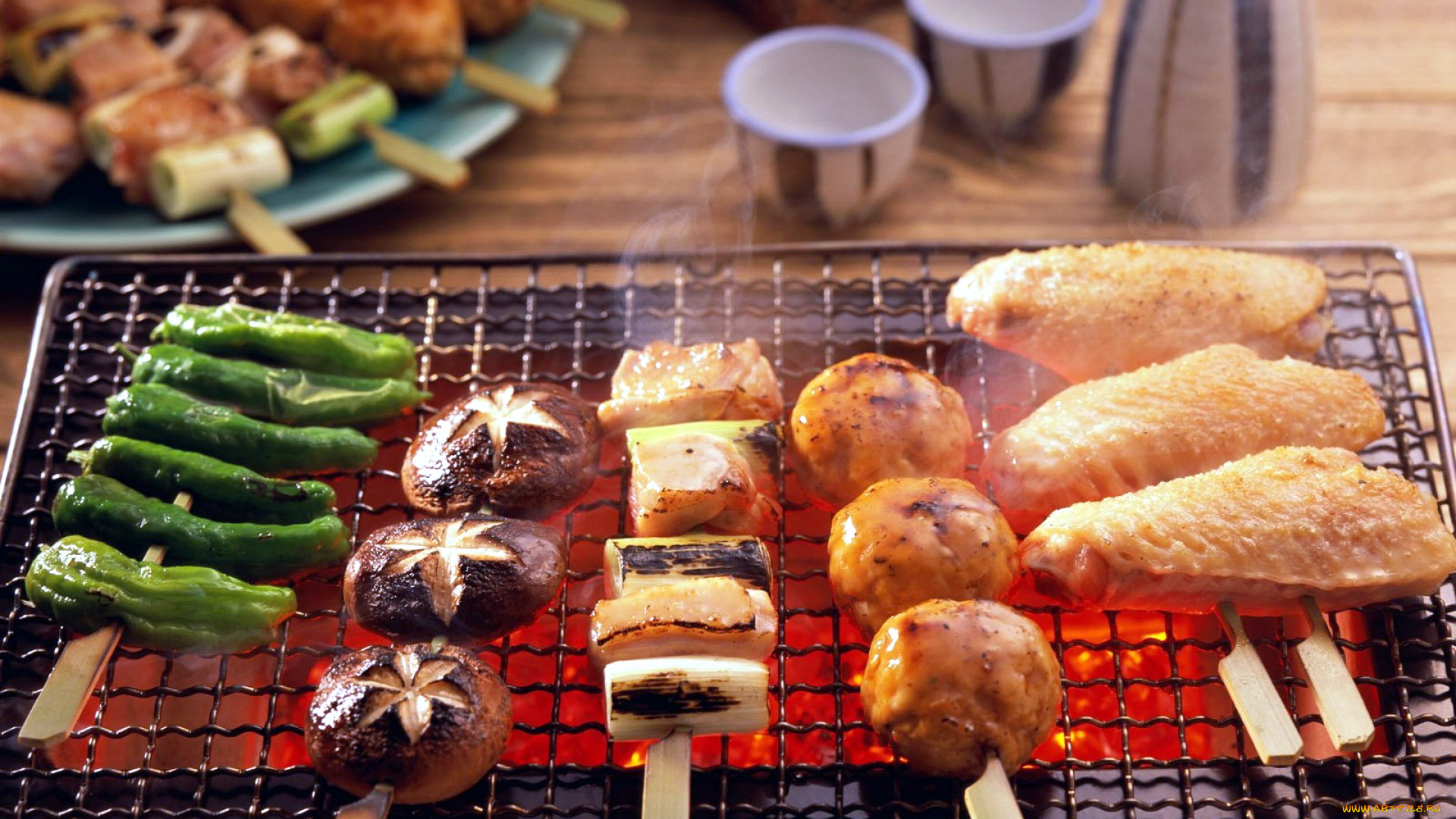 еда, шашлык, , барбекю, грибы, огонь, барбекю, решетка, перец