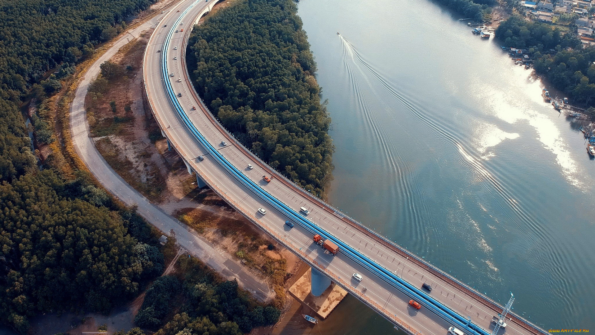 природа, дороги, панорама, мост, шоссе, река