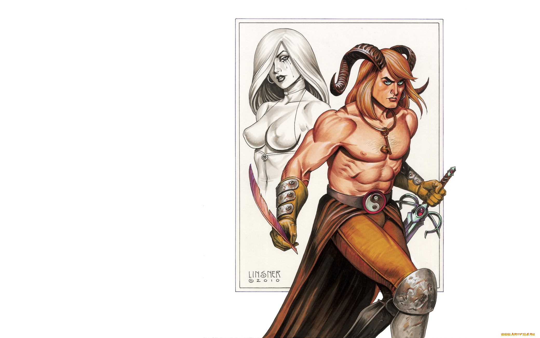 рисованное, joseph, michael, linsner, девушка, парень, рога, меч, перо