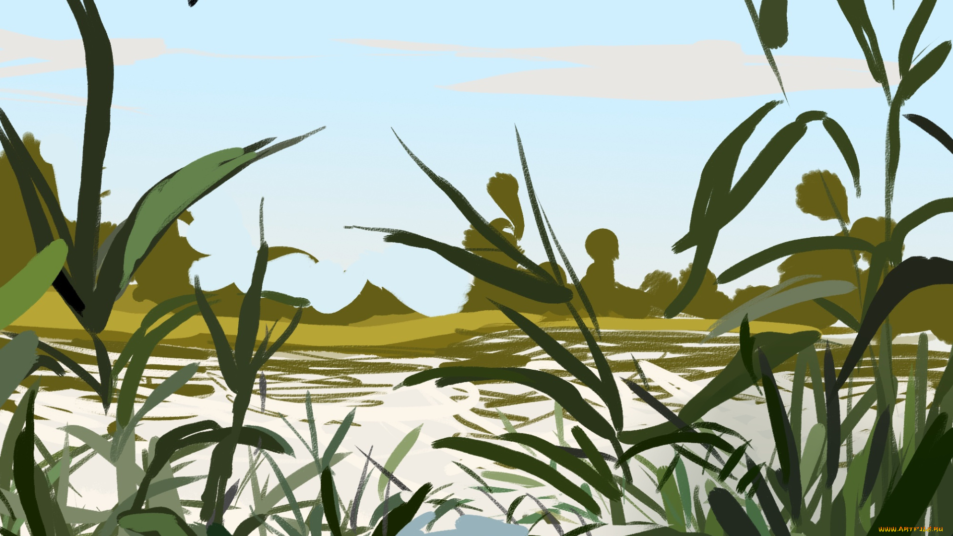 рисованное, природа, камыши, река