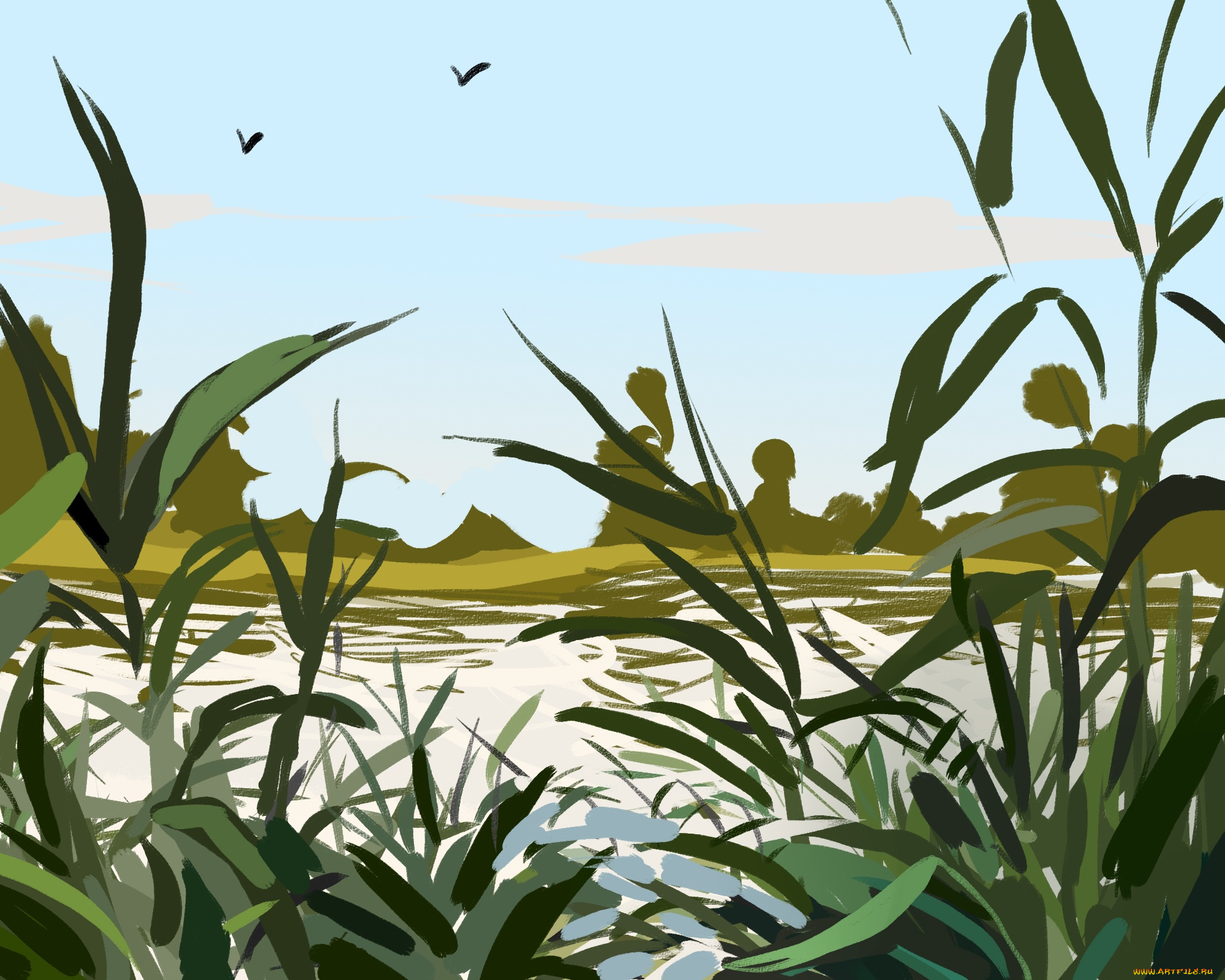 рисованное, природа, камыши, река