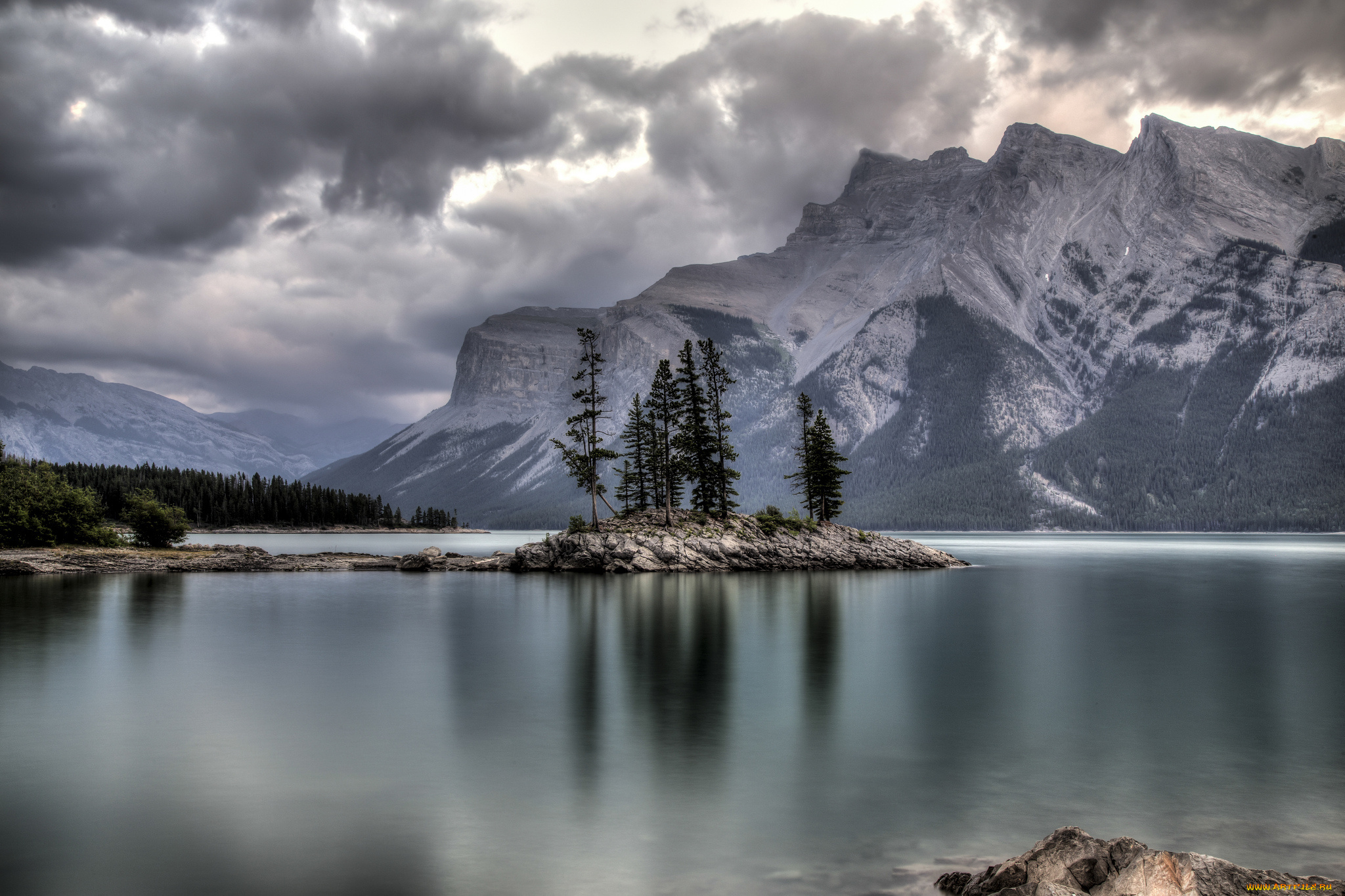природа, реки, озера, озеро, деревья, горы, тучи