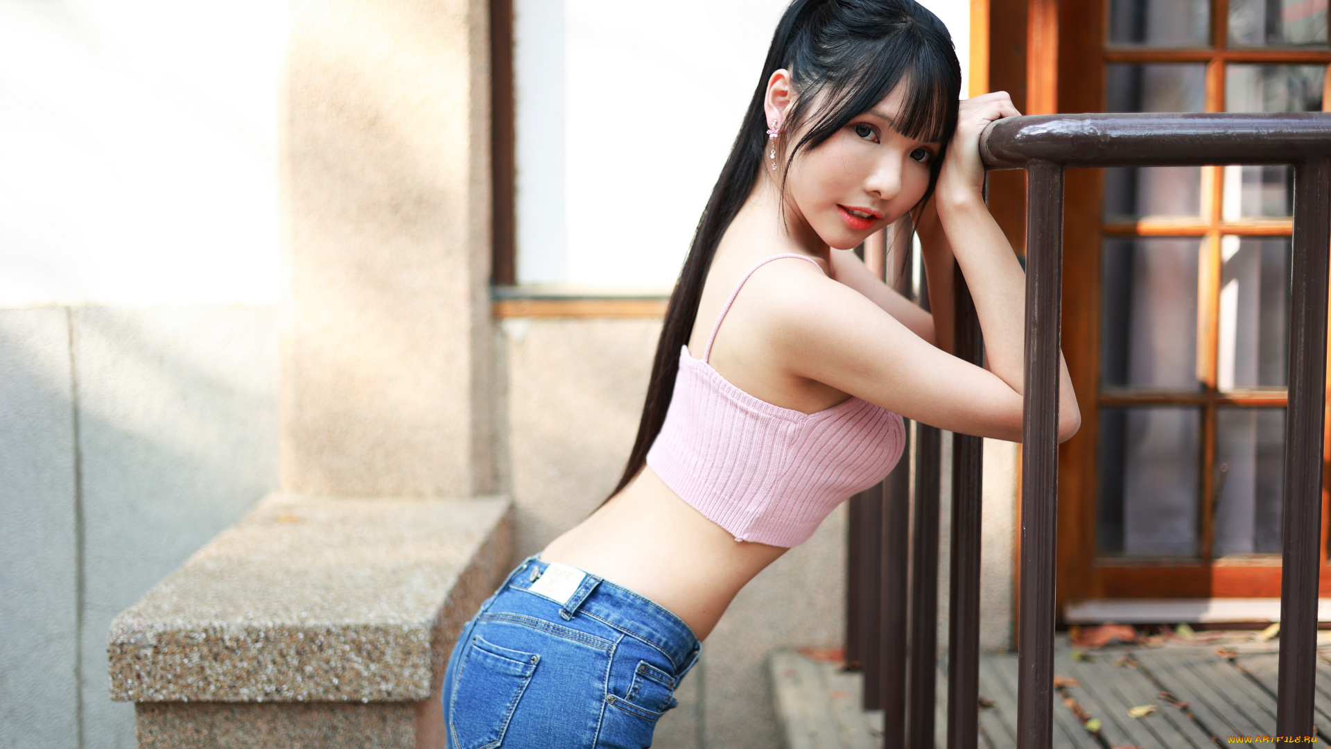 девушки, -, азиатки, брюнетка, топ, шорты, ограда, vicky