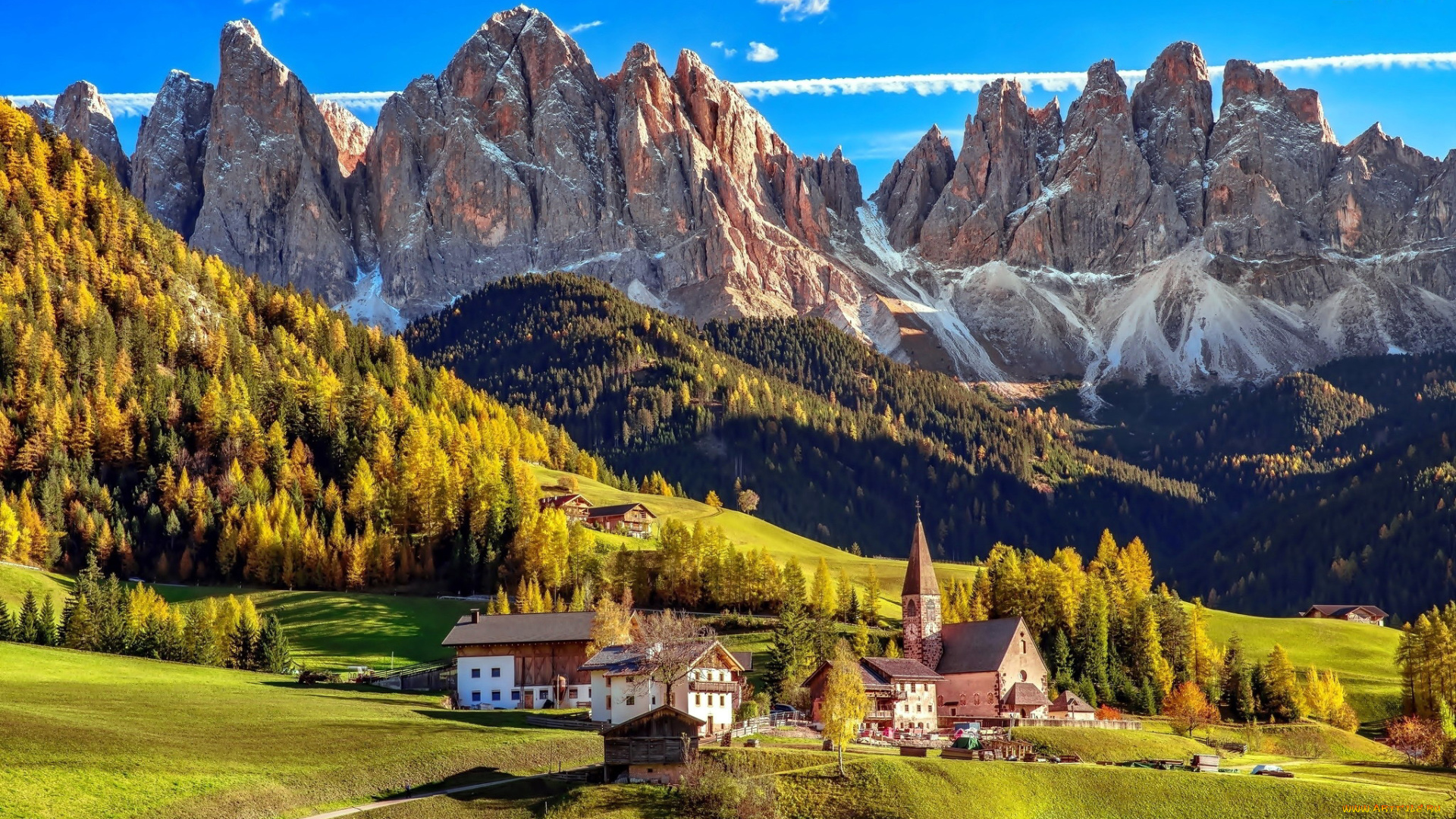 города, валь-де-фюнес, , санта-маддалена, , италия, горы, долина, деревня, дома