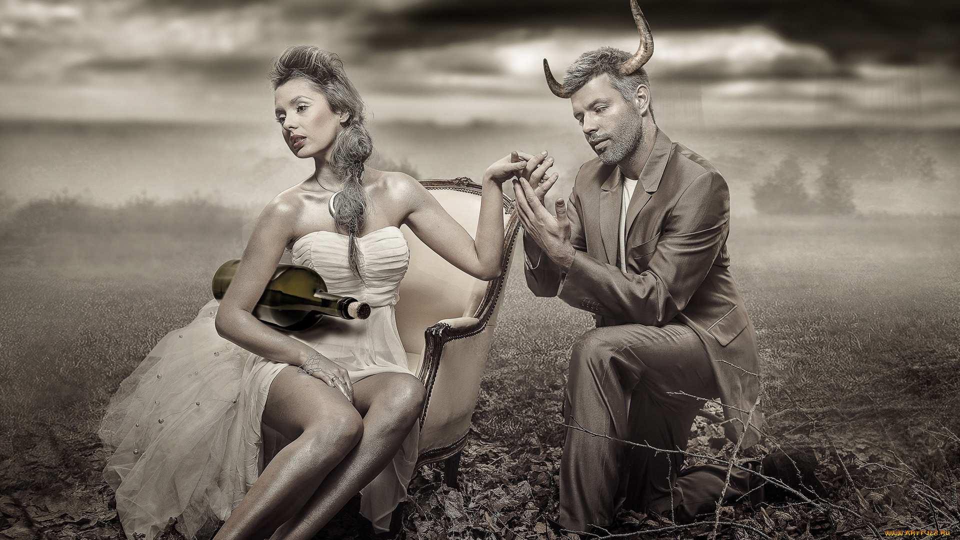 разное, компьютерный, дизайн, девушка, бутылка, кресло, черт