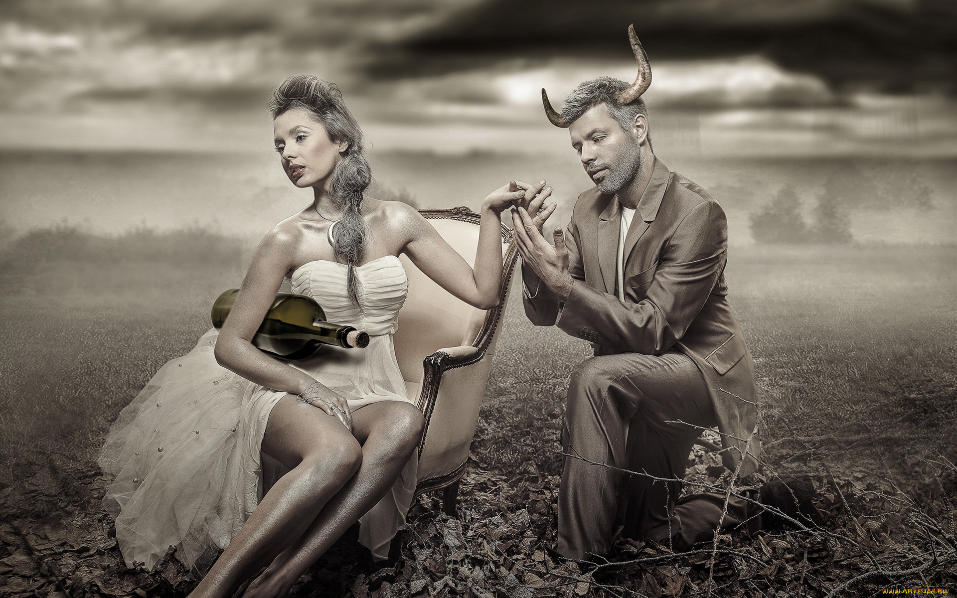 разное, компьютерный, дизайн, девушка, бутылка, кресло, черт