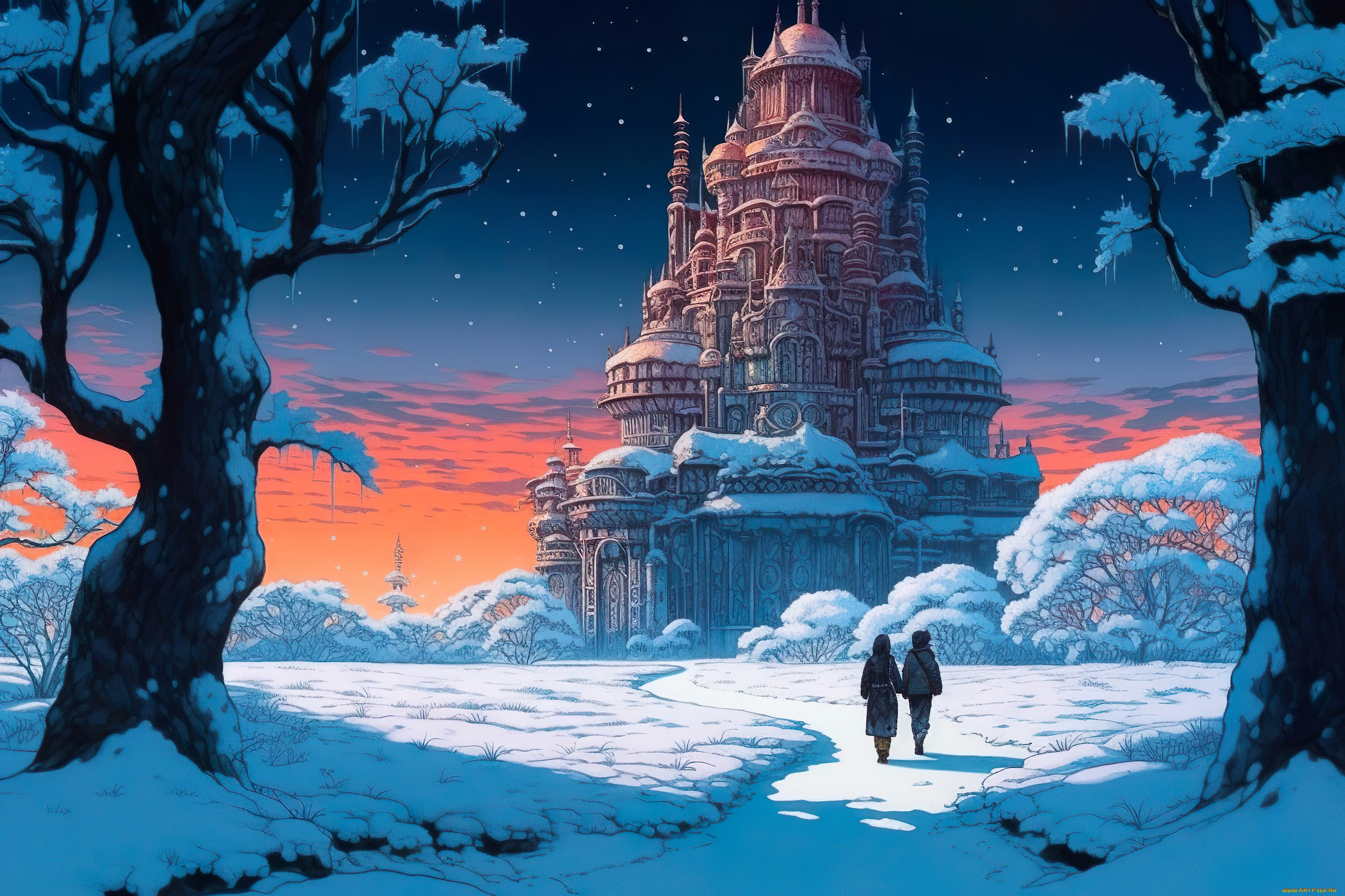фэнтези, замки, зима, снег