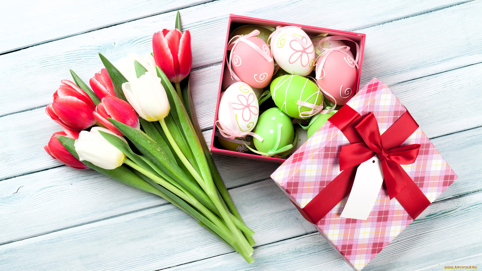 праздничные, пасха, тюльпаны, коробка, яйца