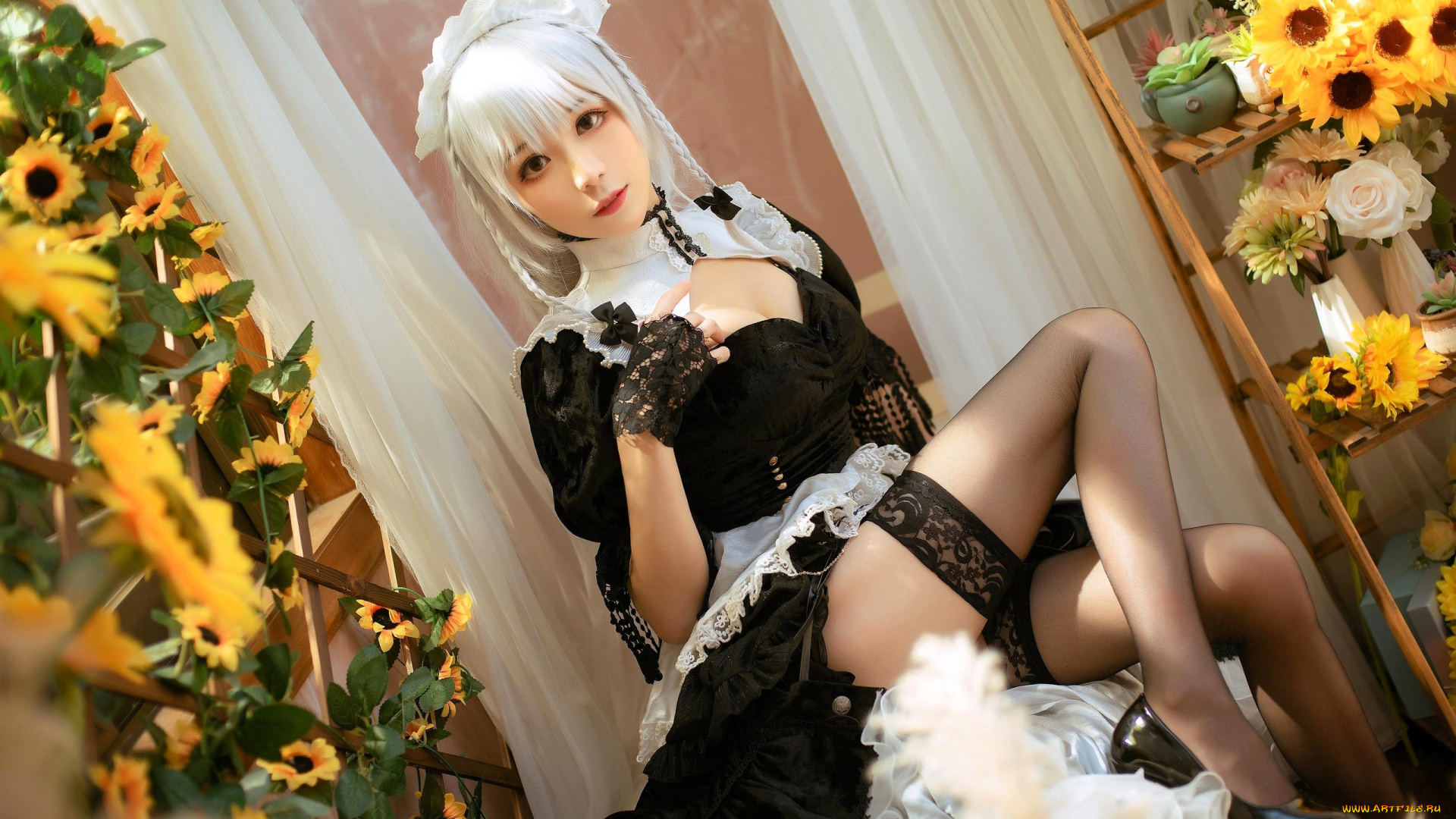 девушки, -, азиатки, образ, косплей, наряд, костюм, горничная, чулки, цветы